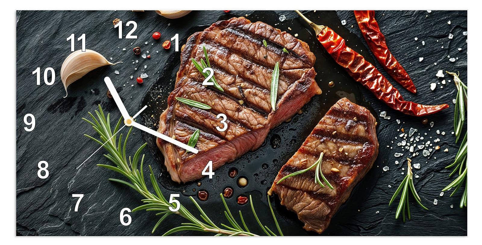 Primedeco Wanduhr aus Glas mit Motiv Gegrilltes Steak- 60 x 30 cm - inkl. Aufhängesystem