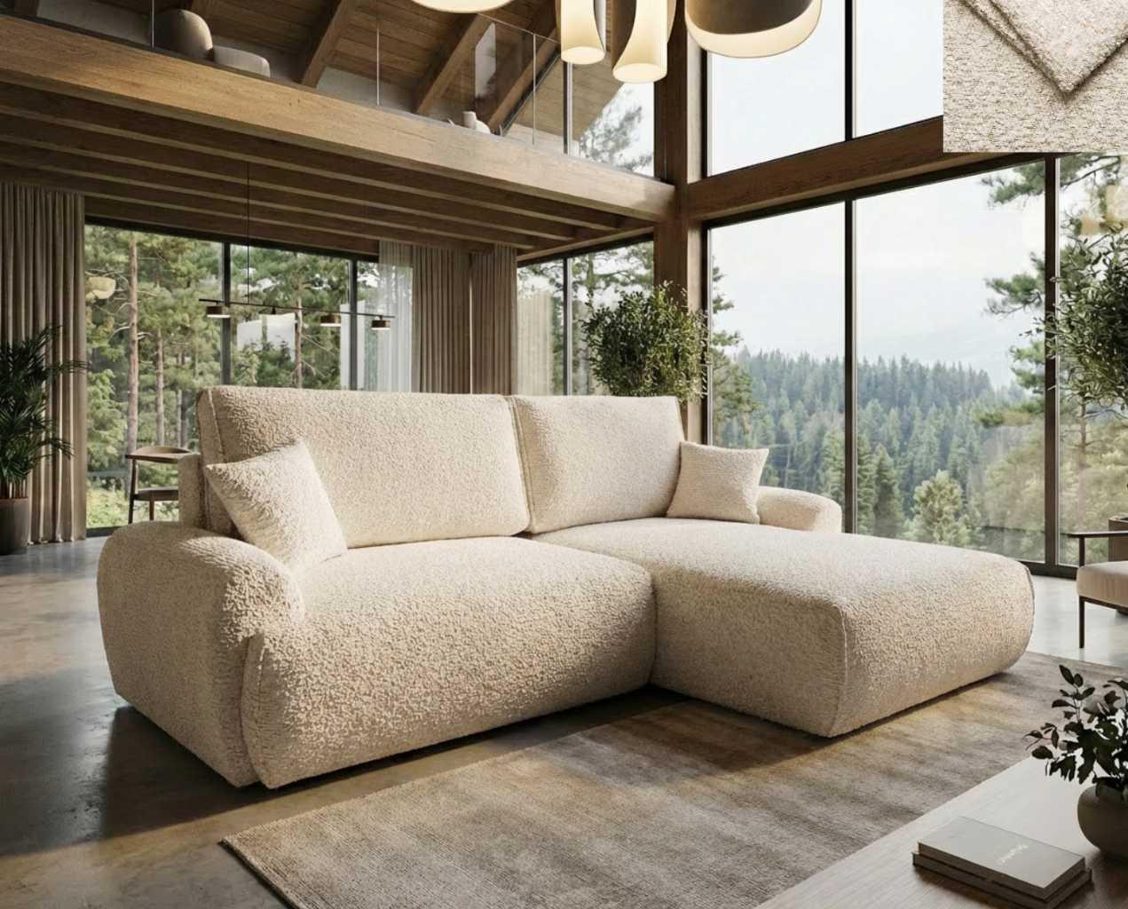 Ecksofa Malvito Nordelo mit Schlaffunktion und Bettkasten, Universal L/R, Stoff ARENA Bouclé - 20 Beige, 260 cm ECKC-MALV-ARN-20
