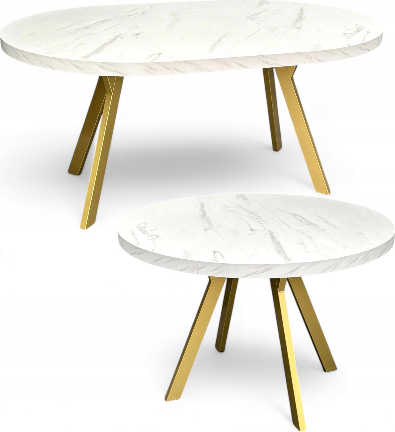 Damale-Mobel Marmor-Esstisch Rund Ausziehbar Ø100/200 cm mit Goldenen Metallbeinen + Einlegeplatten