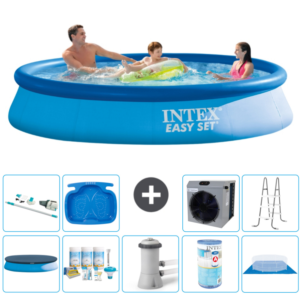 Intex okrúhly nafukovací bazén Easy-Set - 366 x 76 cm - modrý - vrátane krytu - balík na údržbu - filtračné čerpadlo pre bazén - filter - podložka - vysávač