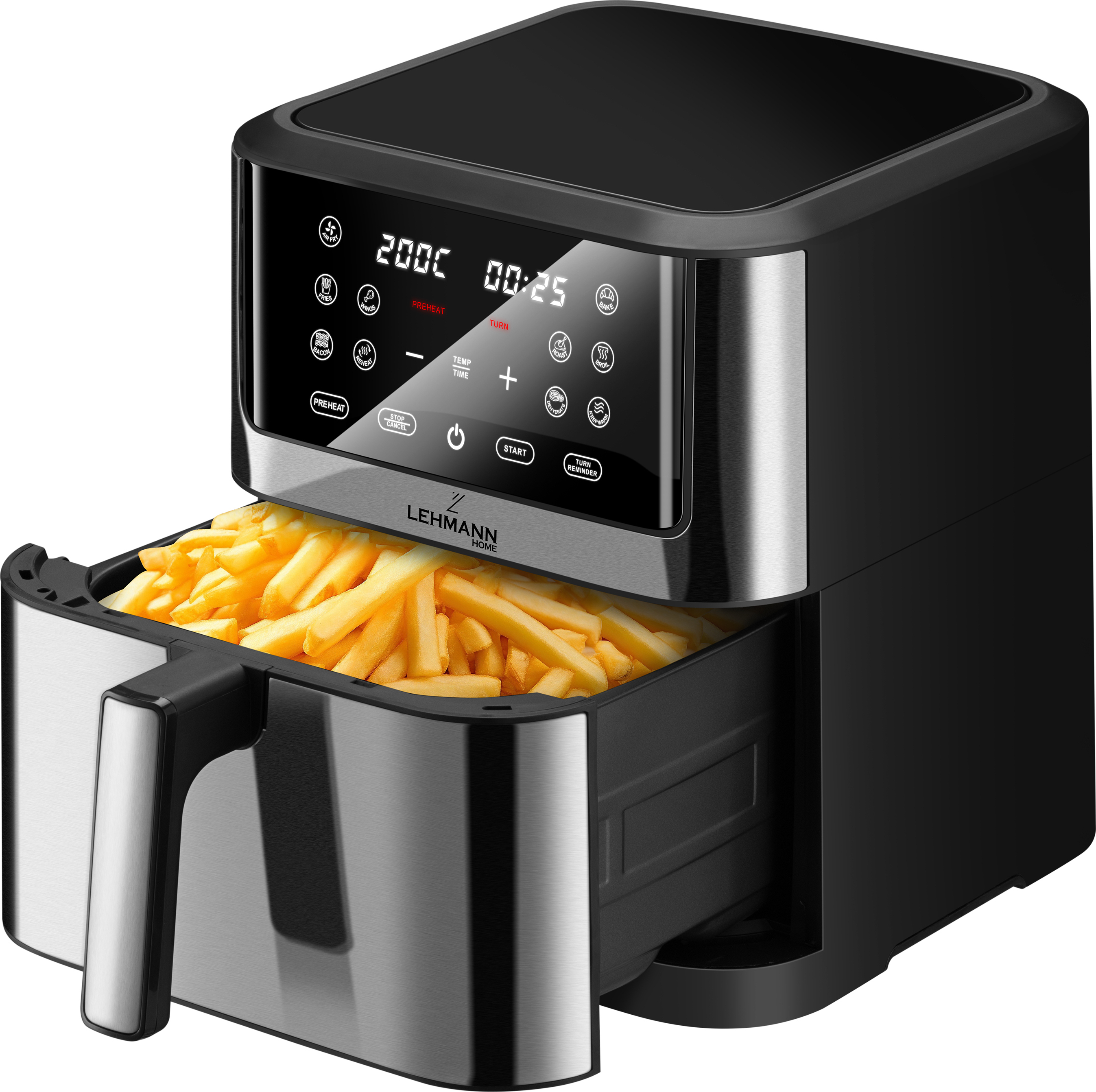 Teplovzdušná fritéza Lehmann 8 l s 10 programami, 1800 W, digitálny dotykový displej LED a časovač, do 200 °C, zdravé potraviny bez oleja