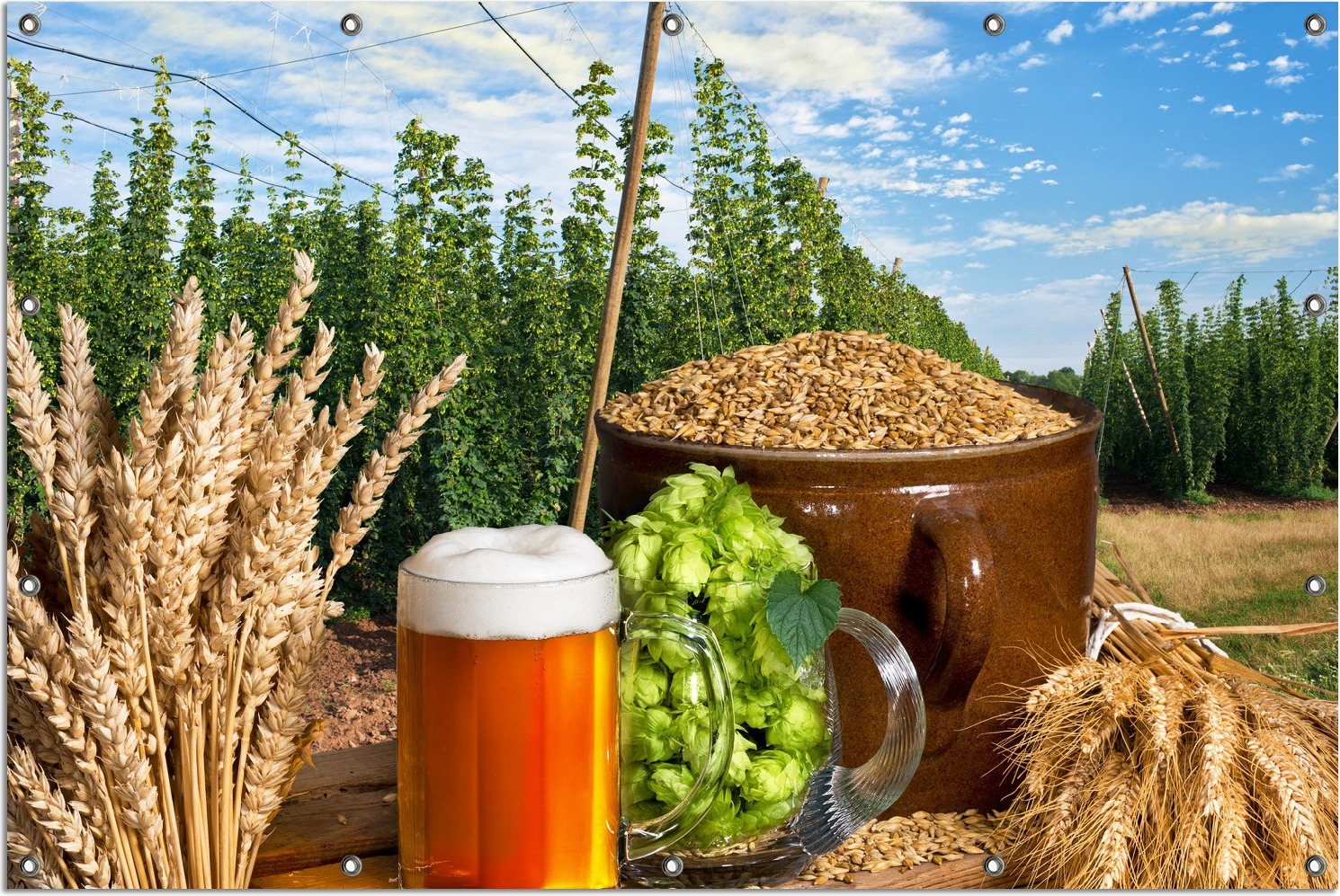 Wallario Outdoor-Poster für Garten oder Balkon, Motiv Frisch gezapftes Bier, Hopfen und Malz, in ca. 120 x 180 cm goban5339-120180