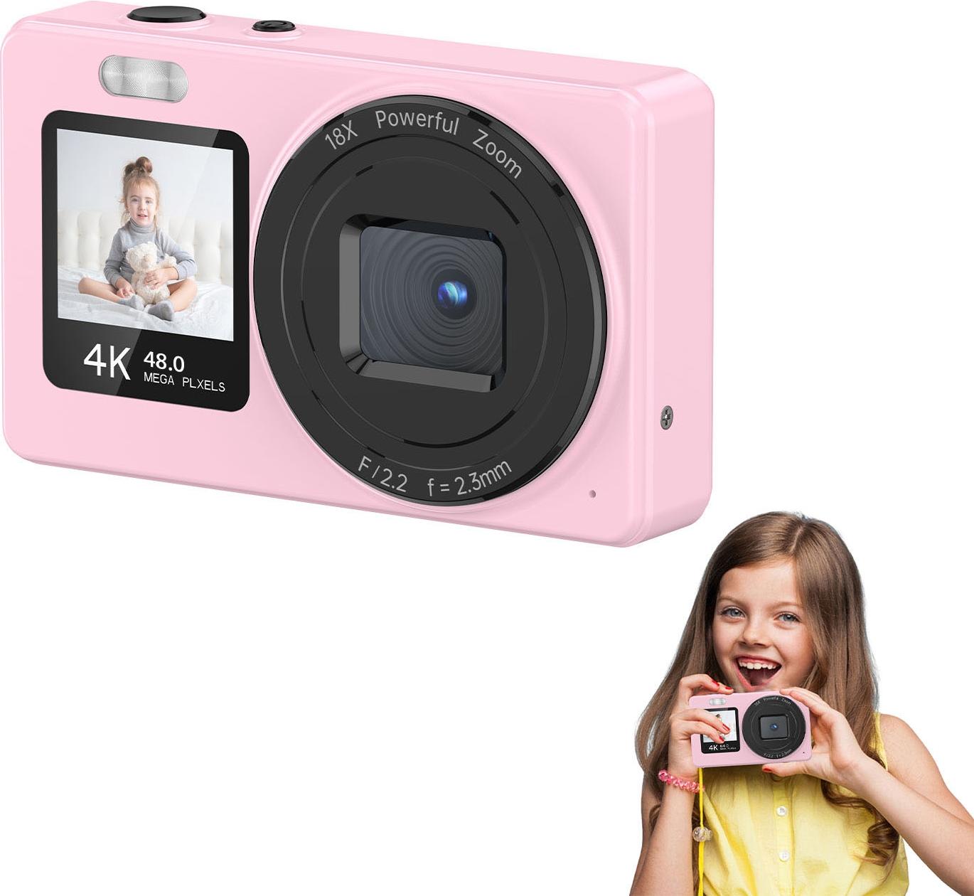 Sxhlseller 4K digitálny fotoaparát, 48MP fotoaparát s dvoma obrazovkami a 18x zoomom, malý digitálny fotoaparát typu "namier a foť" pre tínedžerov (ružový)