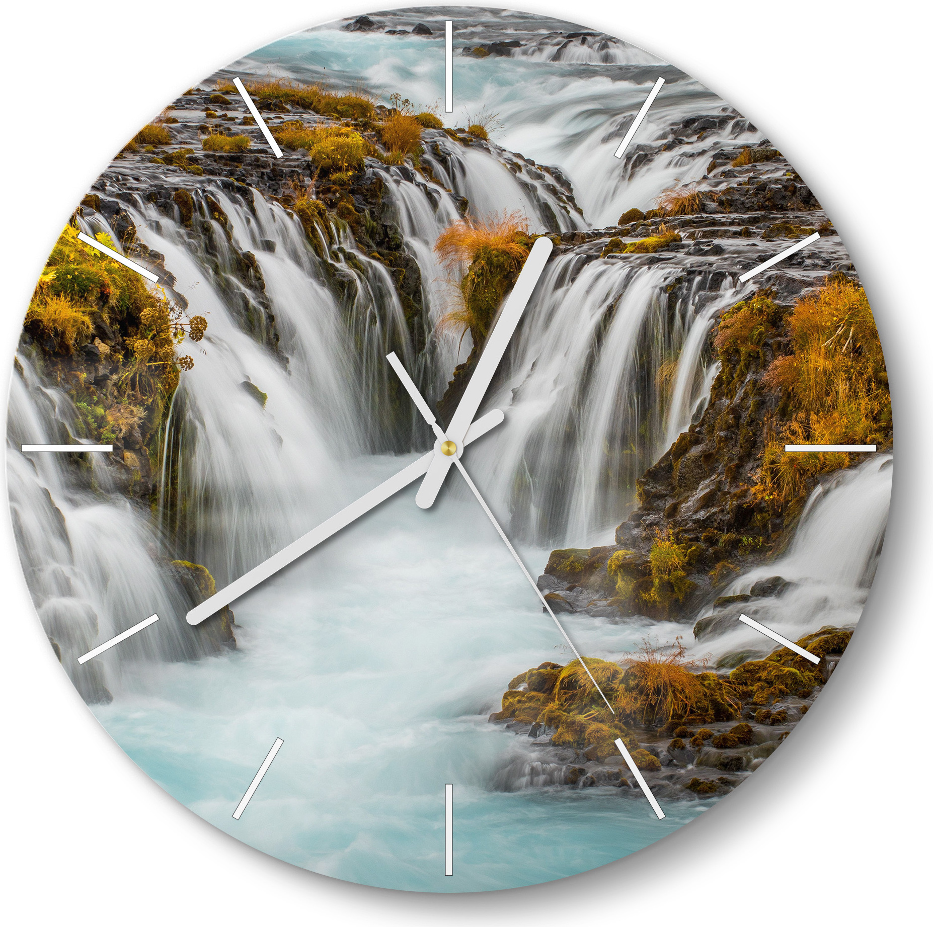 DEQORI Glasuhr Ø30 cm Modern 'Herbstlicher Wasserfluss' Wanduhr Glas Uhr Design leise Küchenuhr WC-D30-M-2564