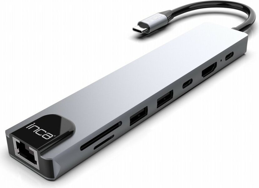 INCA USB-C HUB Hliníkové puzdro rozbočovača typu C 8 portov USB, Ethernet, HDMI a ďalšie