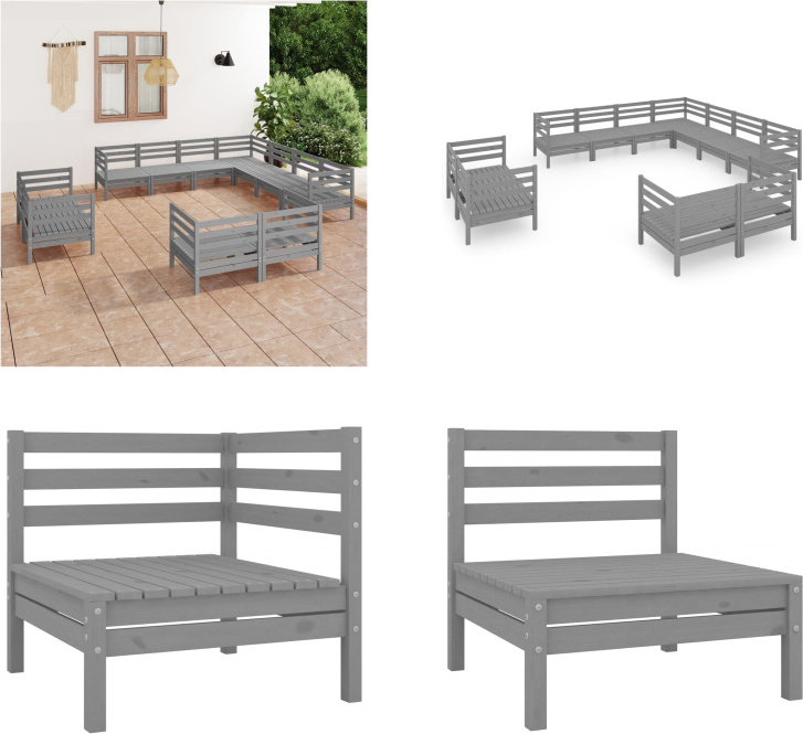 vidaXL 11-dielna záhradná obývacia súprava z masívneho dreva borovica sivá - záhradná obývacia súprava - vonkajšia obývacia súprava - drevená pohovka - drevená záhradná pohovka