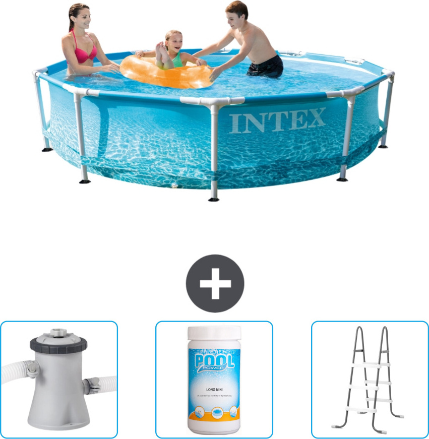 Bazén Intex s okrúhlym rámom - 305 x 76 cm - tlak vody - filtračné čerpadlo pre bazén v cene - chlór - rebrík