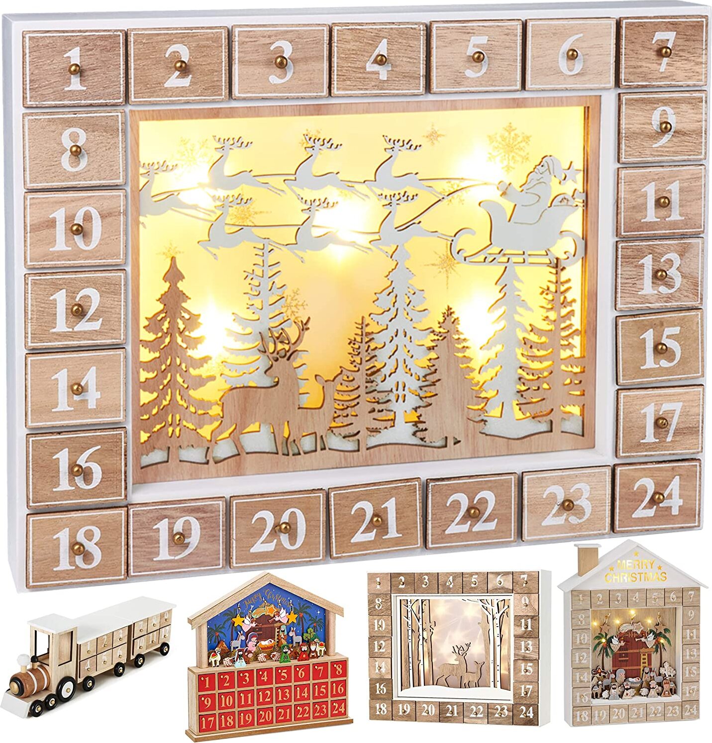 Brubaker Opakovane použiteľný drevený adventný kalendár na plnenie - lietajúci otec Vianoc s LED svetlami - DIY vianočný kalendár 35,5 x 6 x 27 cm