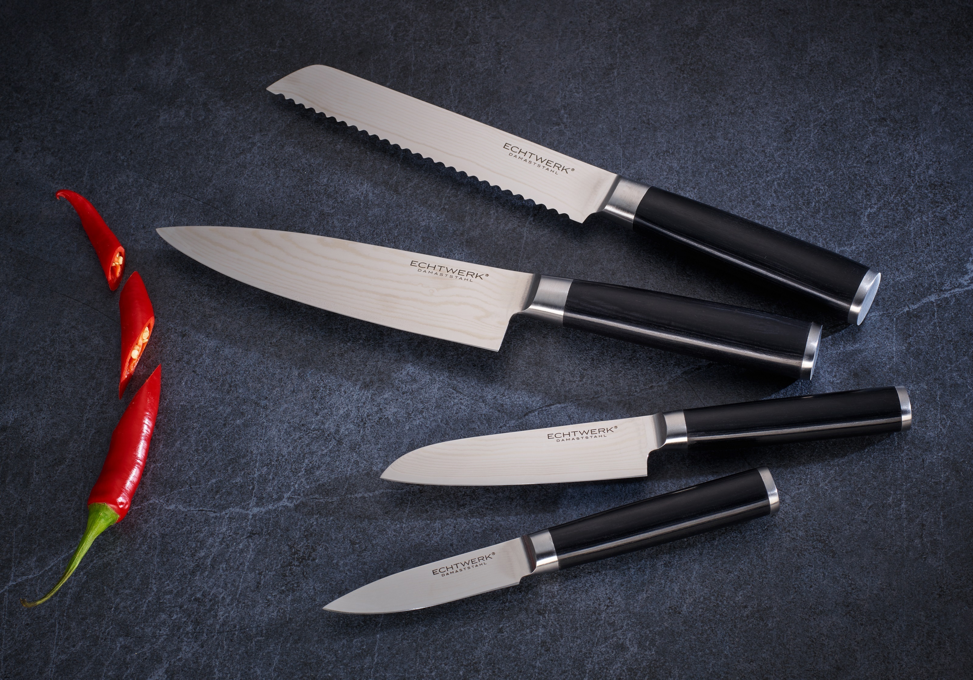 Echtwerk Damaszener Messer Set, 4-tlg., Damaszenermesser, Kochmesser, Küchenmesser, Damaststahl / Pakka-Holz, Schwarz, EW-DM-0395 EWK0EWDM0395