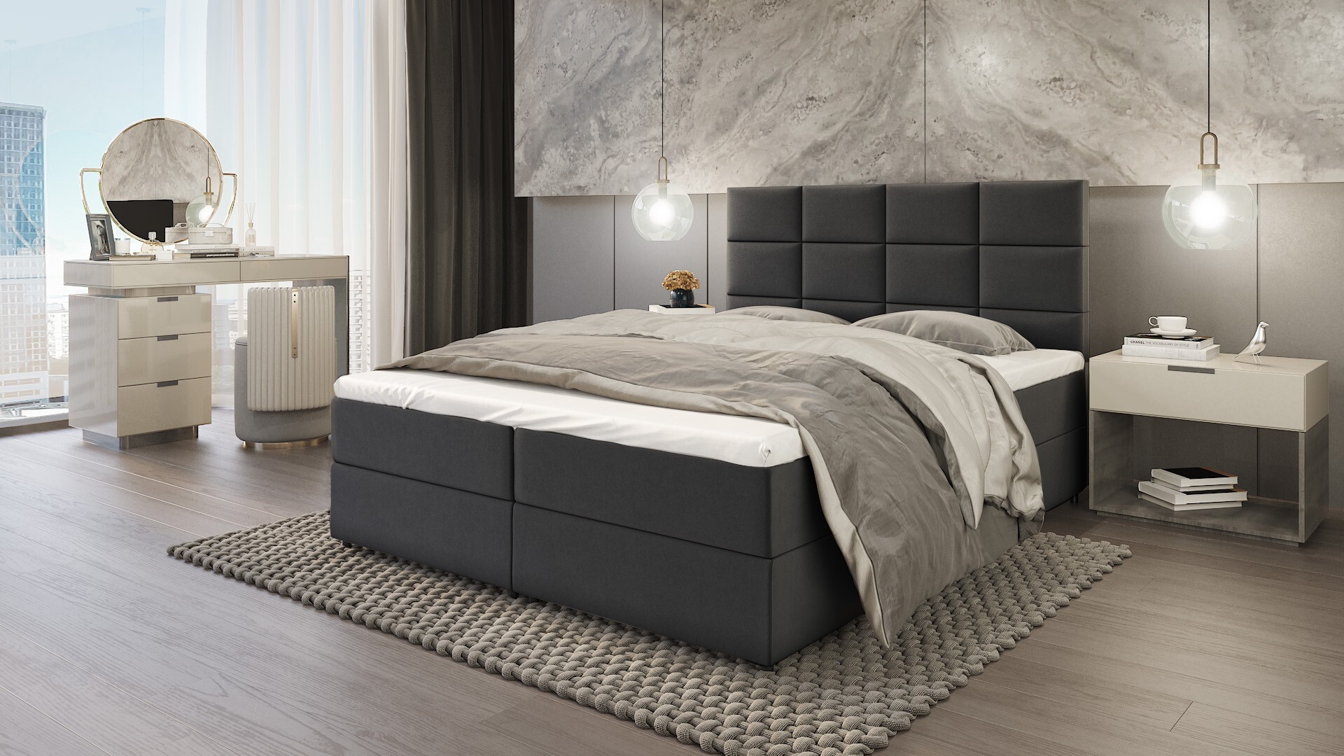 PREDAJ LEADER skriňová posteľ DENVER 180x200 cm čalúnená posteľ s dvoma zásuvkami, kompletná súprava s matracom a topperom (4 cm), grafit, posteľná látka JASMINE 96