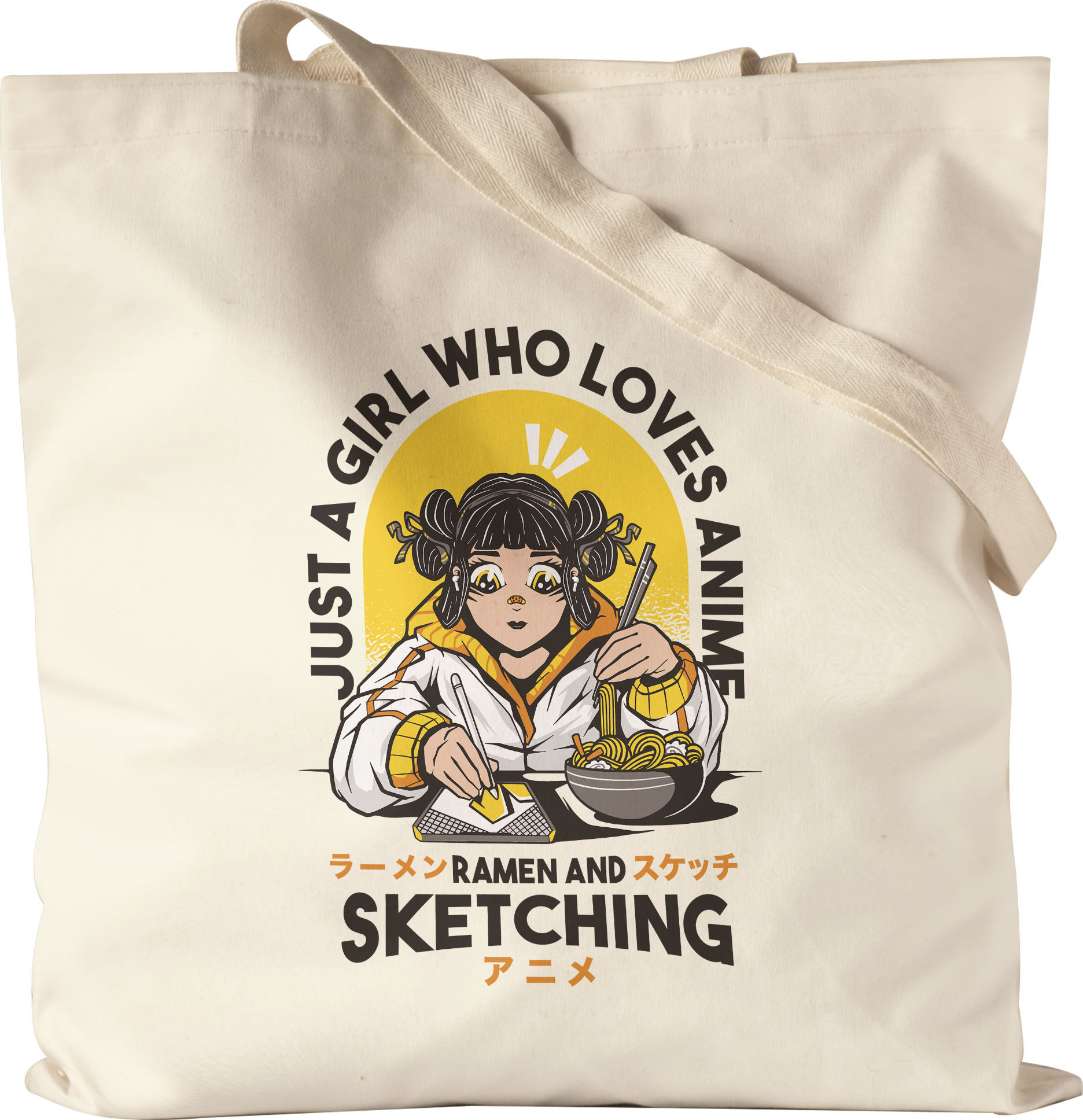 Hey!Print Just a girl who loves Anime, Ramen and Sketching Jutebeutel Anime Fans Ramen Lieblingsgericht Zeichnen Manga HP-2154-B-Natur