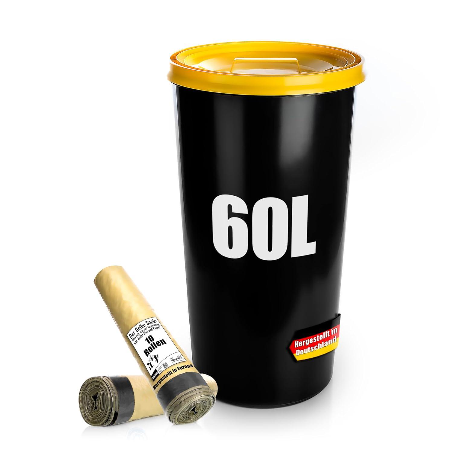 Thats Shopping GmbH BigDean Gelber Sack Mülleimer 60L + 10 Rollen Gelber Sack – luftdichte gelbe Sack Tonne Germany 1770183