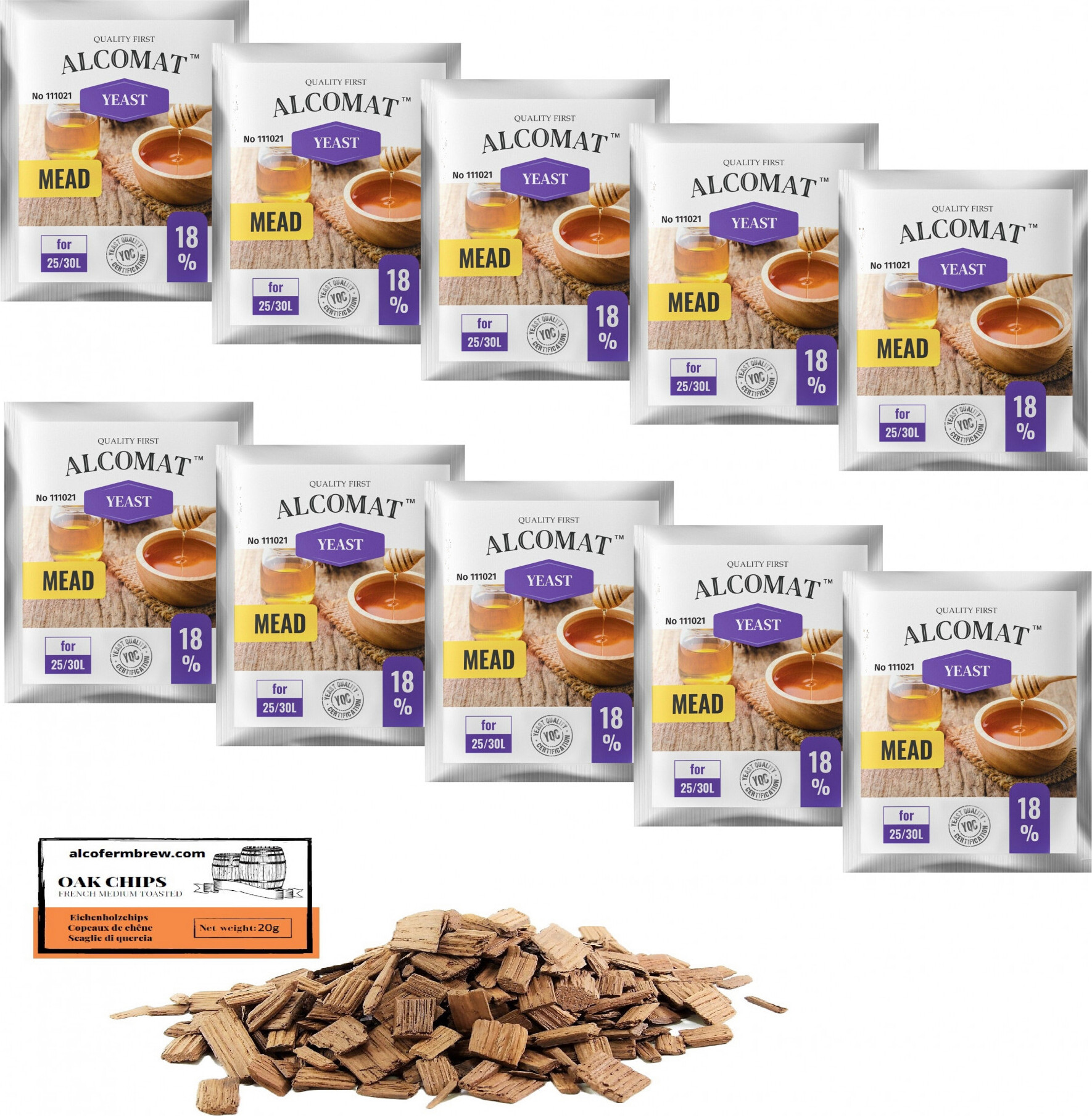 Alcofermbrew 10 x Honigwein Hefe 5g/25-30L + Eichenholzchips, Alcomat Trocken Methefe, Weinhefe