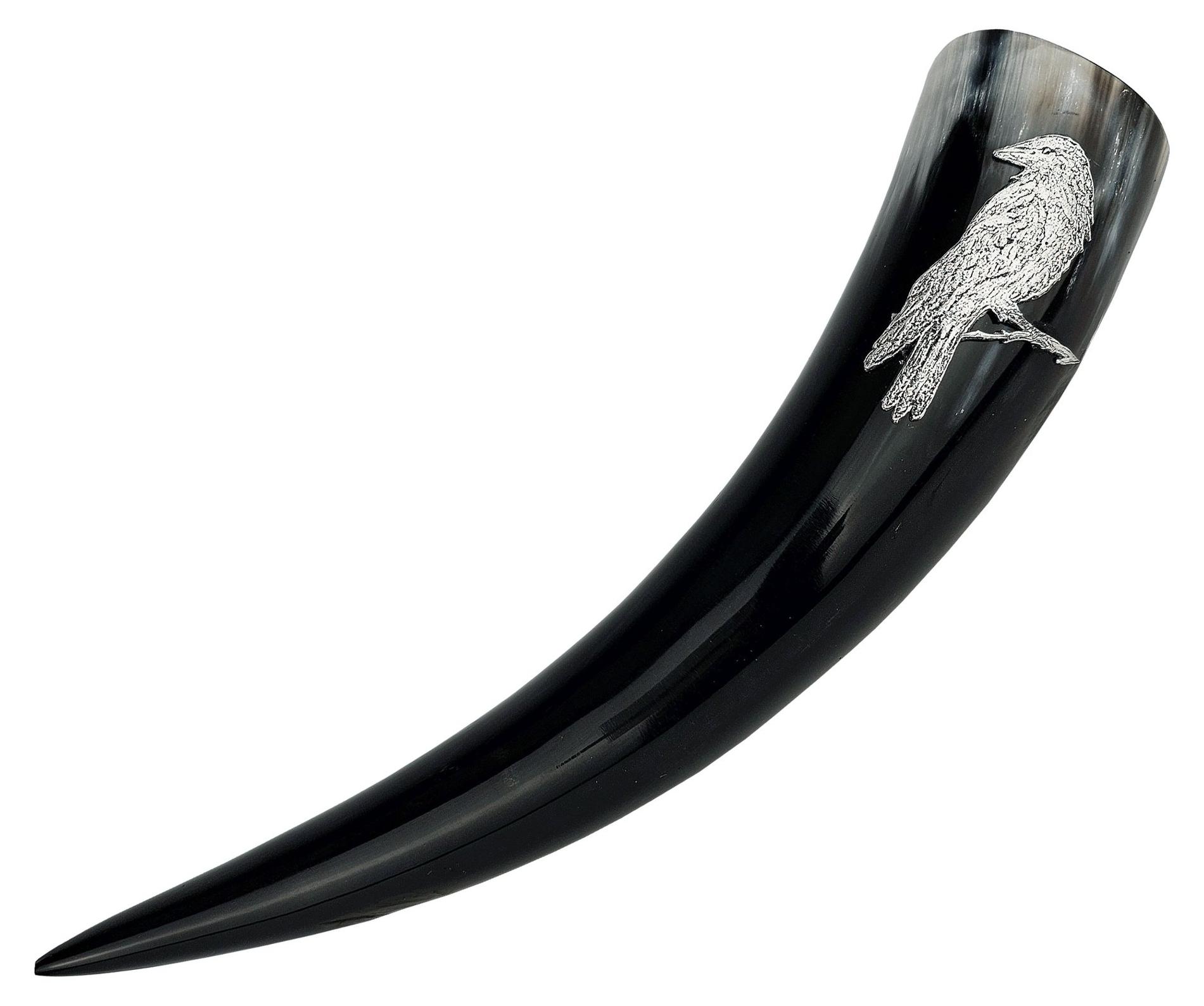 Vehi Mercatus Trinkhorn 0,5 l hochglanz mit Zinn-Rabe 8 cm - Germany