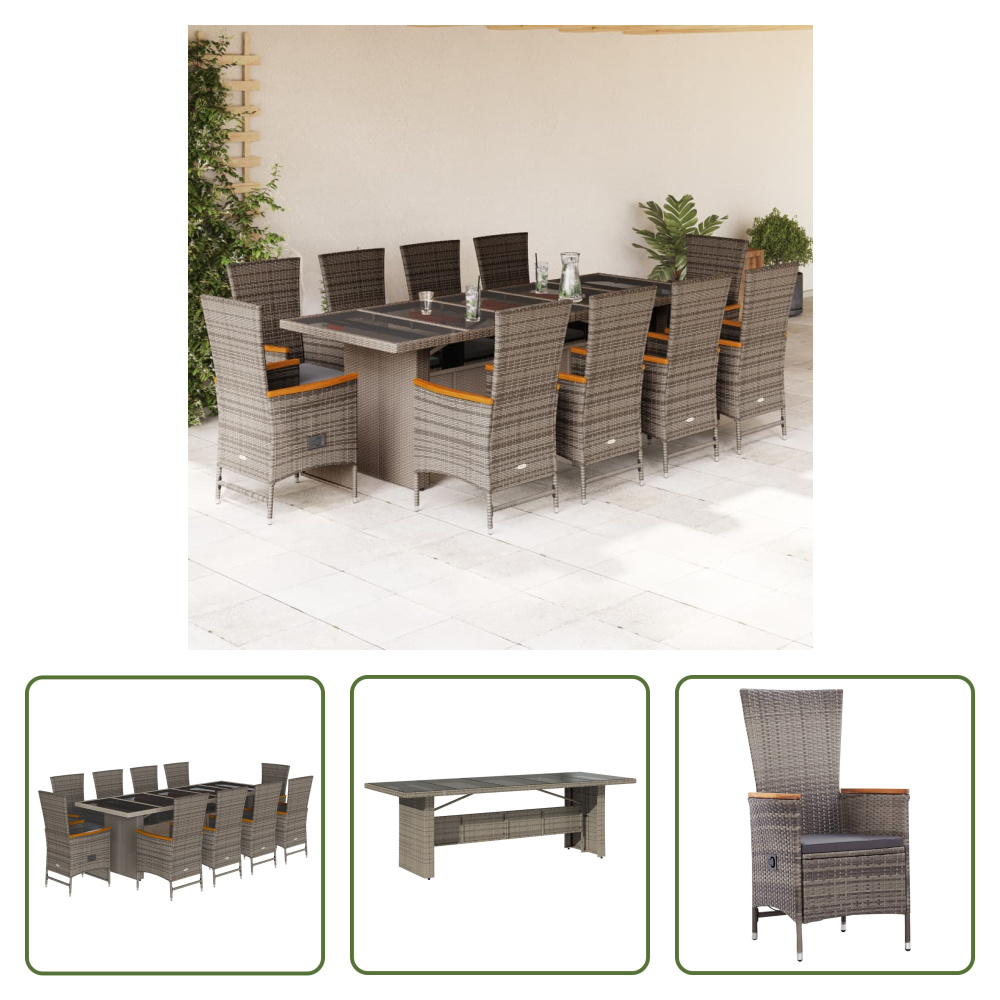 The Living Store 11-dielny záhradný jedálenský set s vankúšmi sivý polyratan