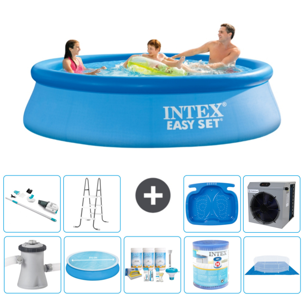 Okrúhly nafukovací bazén Intex Easy Set - 305 x 76 cm - modrý - vrátane markízy s čerpadlom - balík na údržbu - filter - podložka - vysávač - rebrík