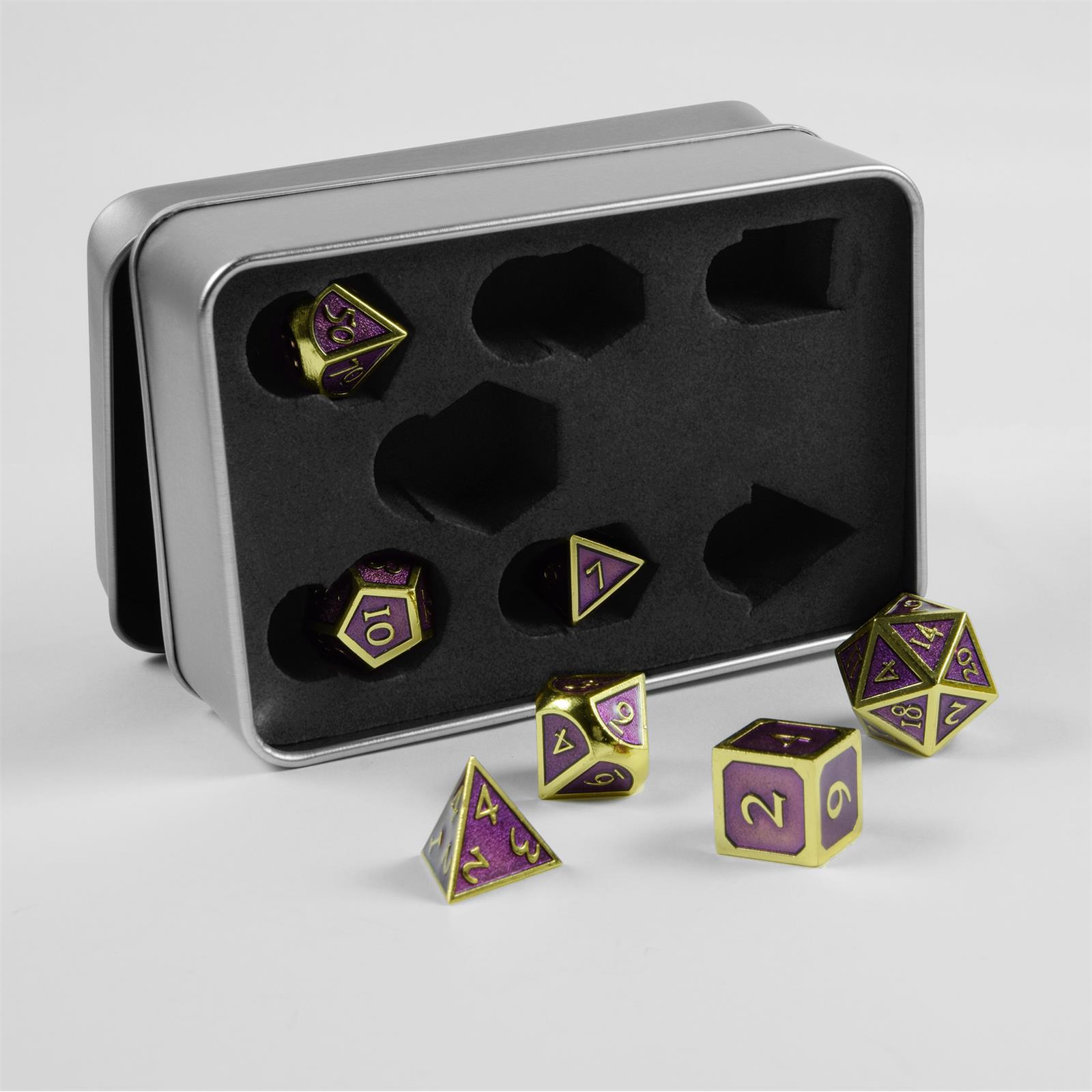 PhoneNatic 7 polyedrische Metall-Würfel für Rollen- und Tabletopspiele in Steampunk Gold-Lila-Optik inkl. Aufbewahrungsbox Polyedrische Würfel