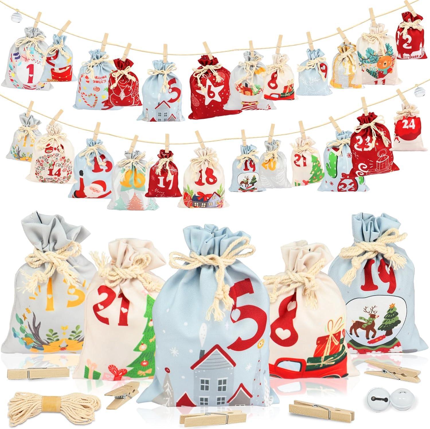 Sonstige Adventskalender Stoff 24 Gedruckte Weihnachtskalender Kinder DIY 2024 Säckchen Groß Wiederverwendbar Tüten