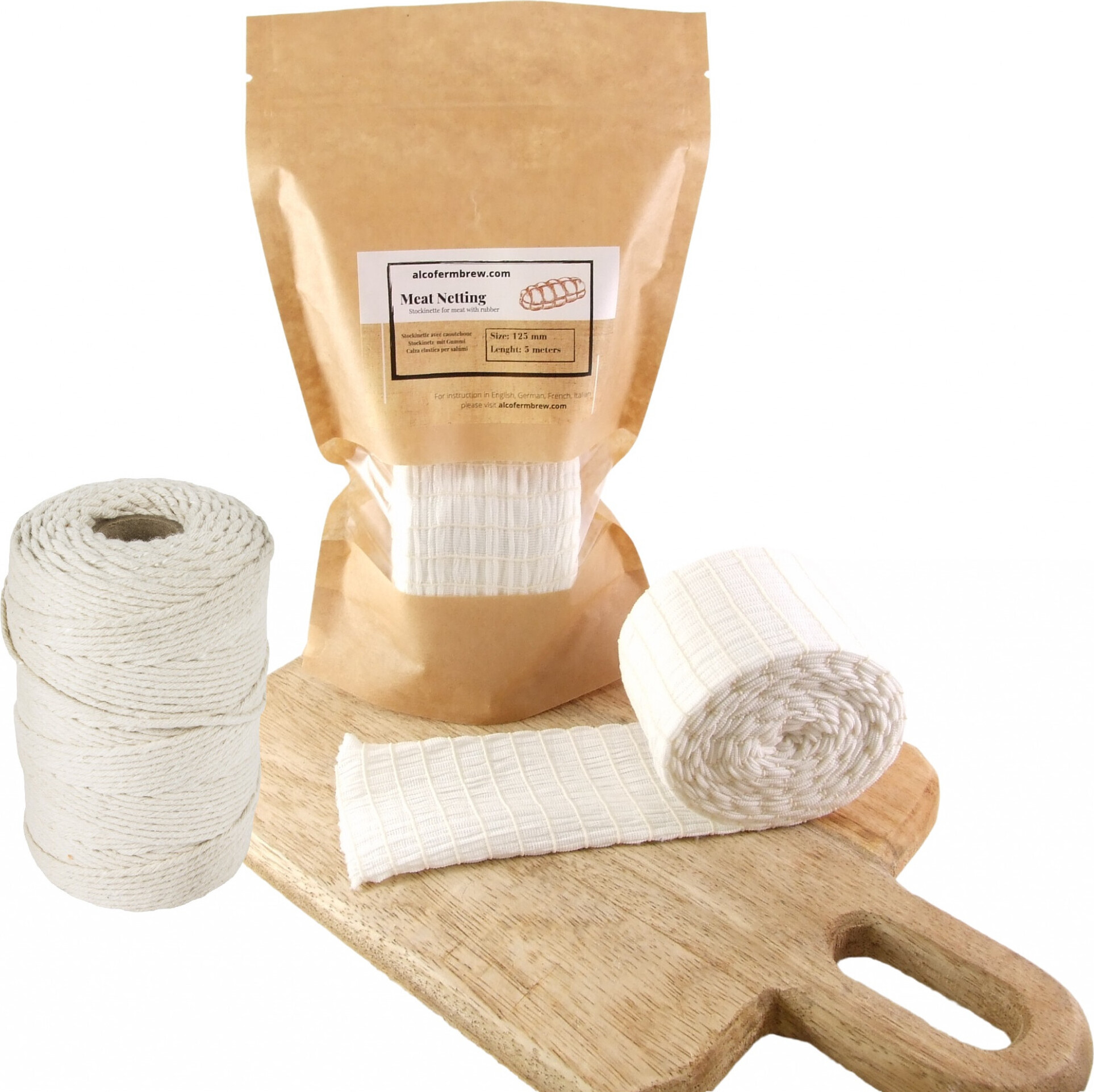 Alcofermbrew Räuchernetz mit Gummi 125mm / 5m + Wurstgarn 80m - Schinkennetz, Räuchernetz, Küchengarn, Kochgarn