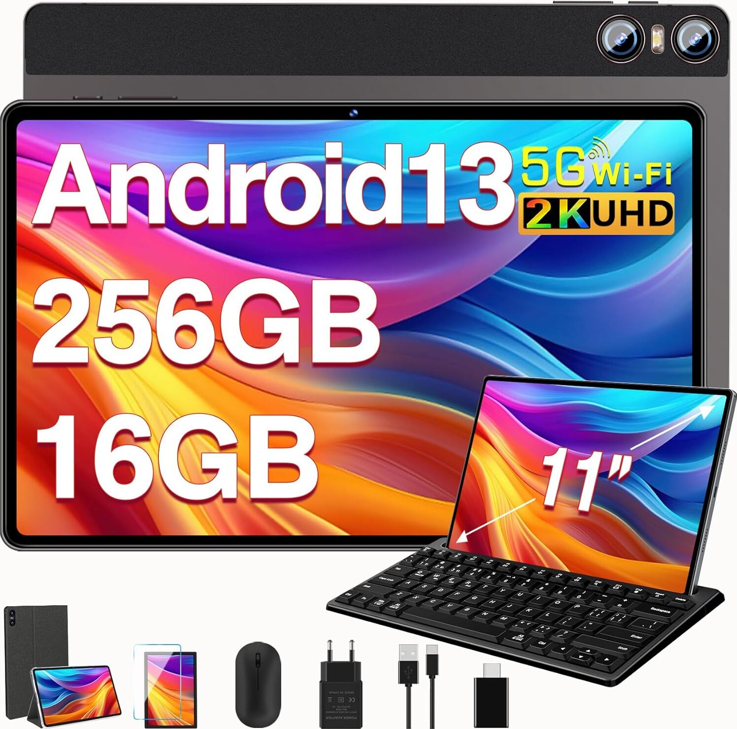 Tablet 11" Android 13 Tablet 2K obrazovka Tablet Octa-Core 2,0 GHz 16 GB RAM + 256 GB ROM + TF 1TB / 2000*1200 Pixel / 8 MP + 20 MP / 10 000 mAh