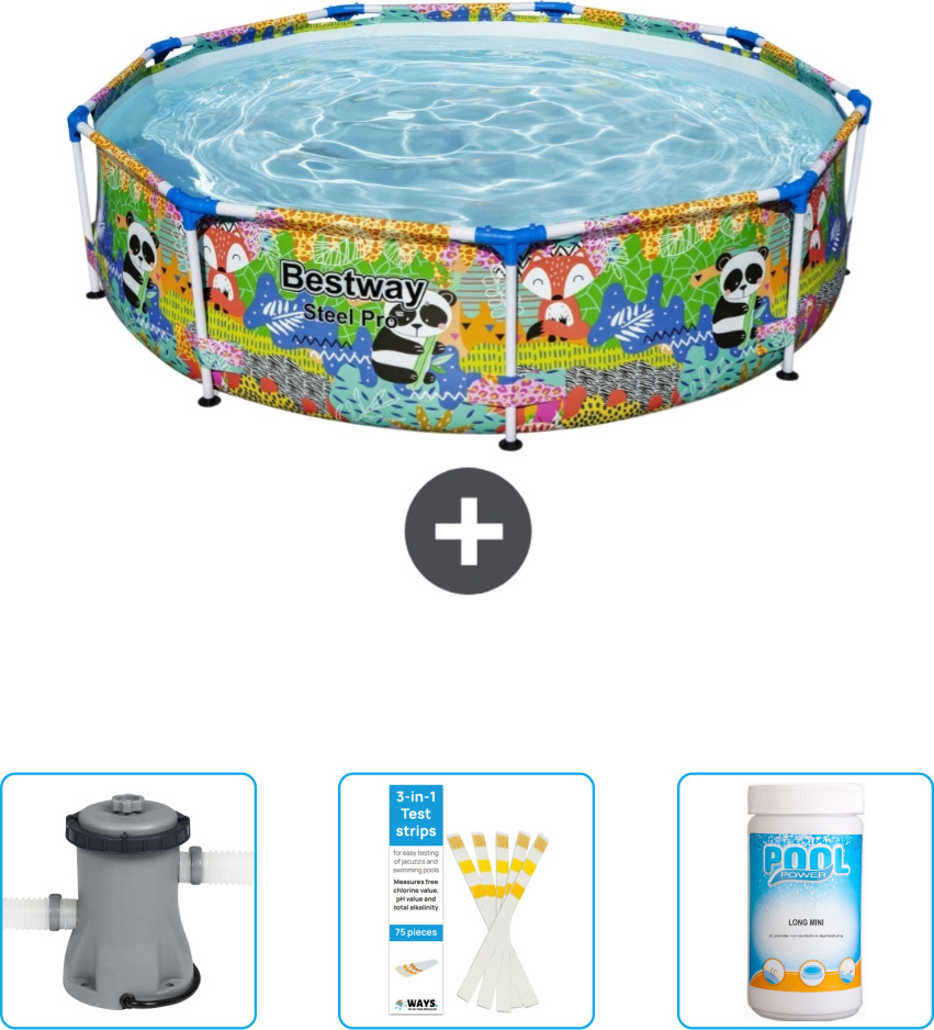 Okrúhly bazén Bestway Steel Pro - 274 x 66 cm - potlač zvierat - vrátane čerpadla - testovacie prúžky - chlór