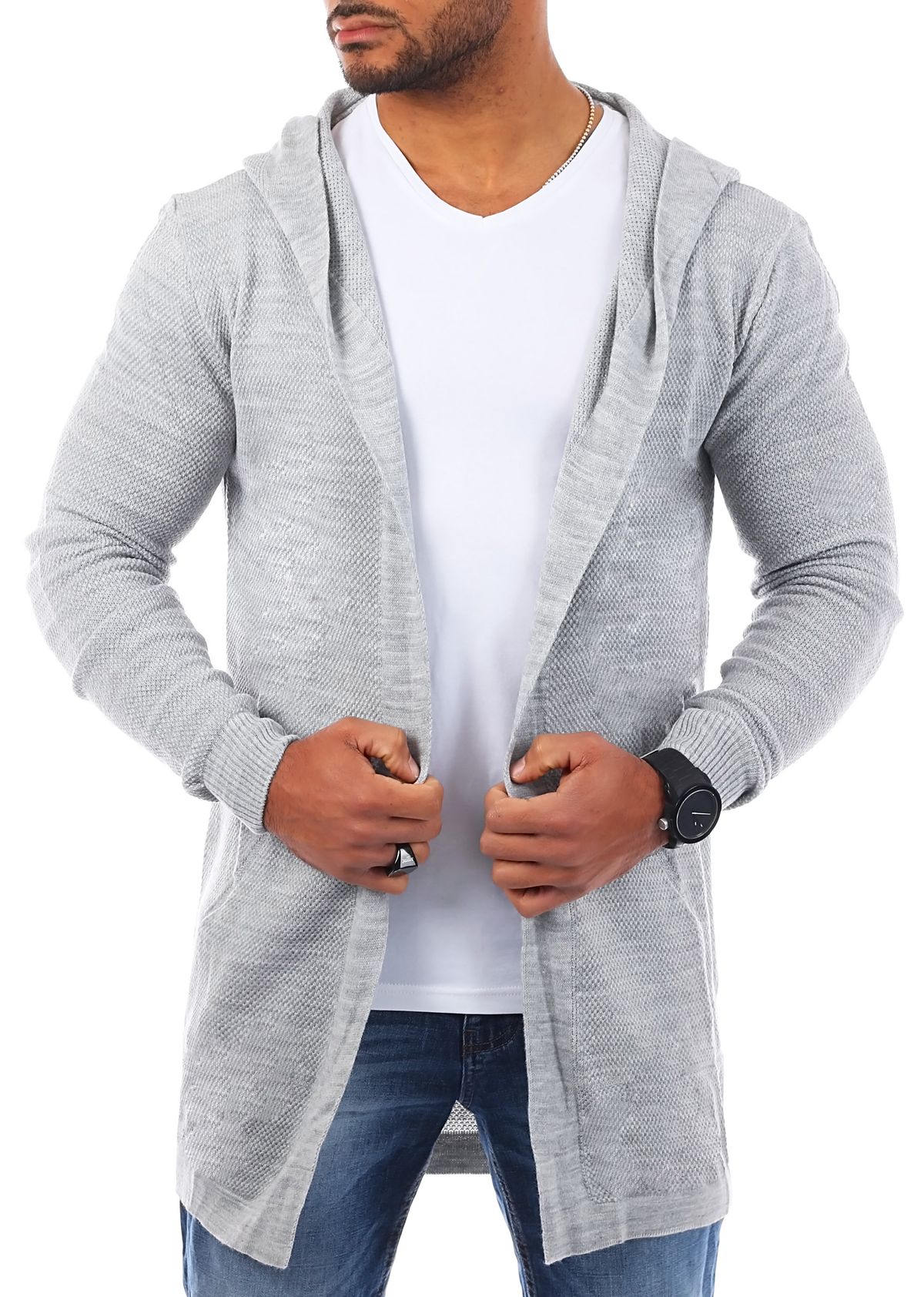 Carisma Herren Strickjacke Lang mit Kapuze • Herren Jacke mit Seitentaschen Lange Kapuzenjacke Herren angenehme Übergangsjacke für Männer 7601