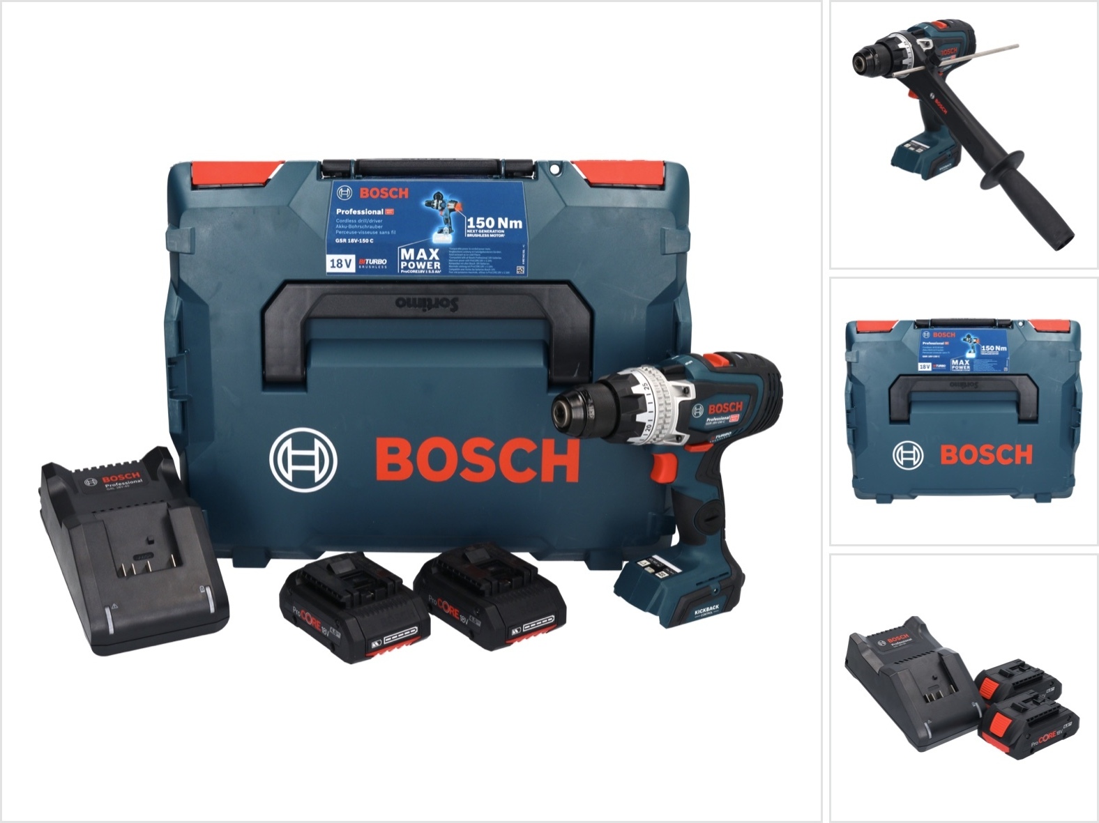 Bosch GSR 18V-150 C Profesionálna akumulátorová vŕtačka 18 V 150 Nm Biturbo Brushless + 2x akumulátor ProCORE 4,0 Ah + nabíjačka + L-Boxx