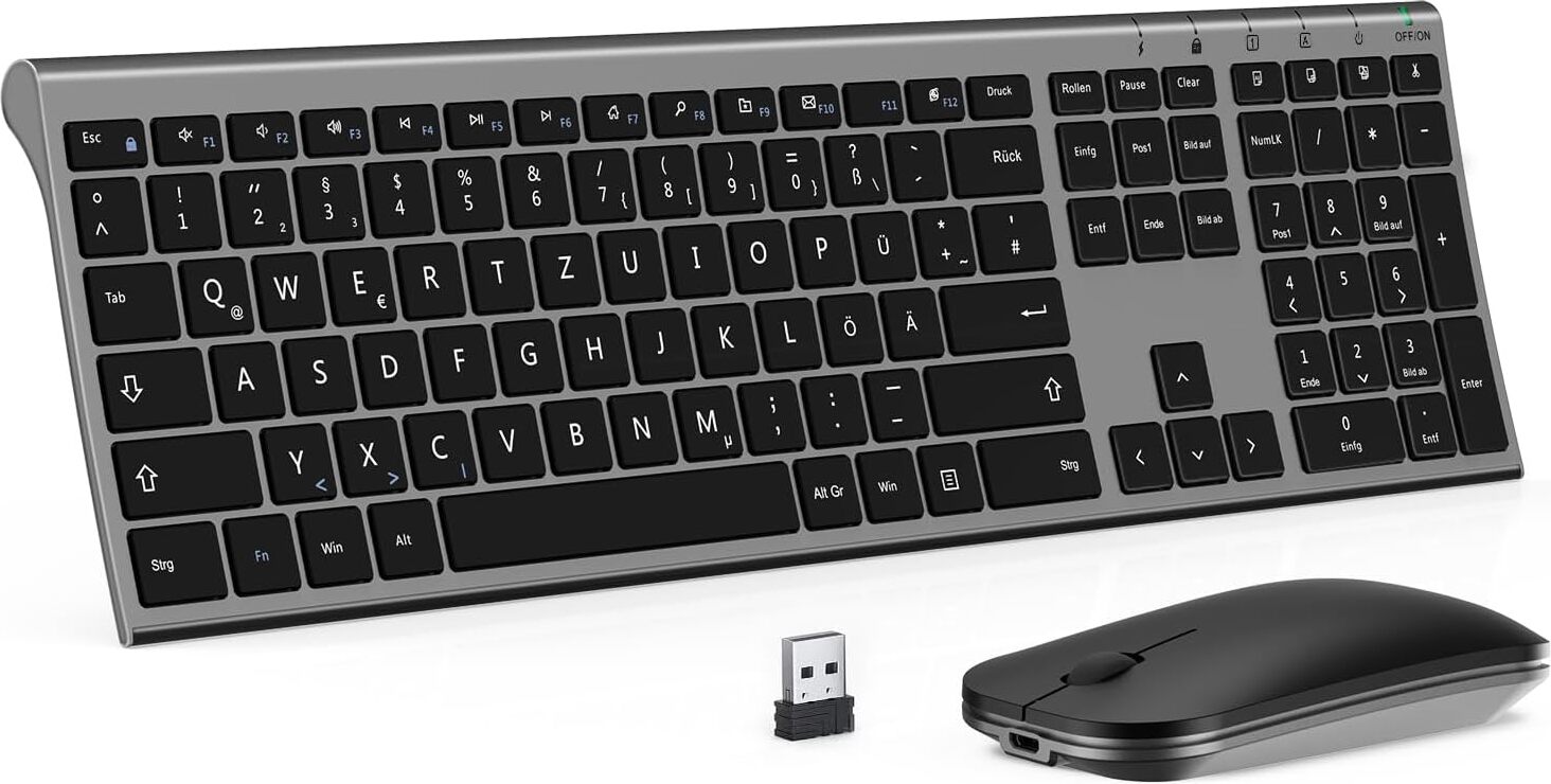 seenda Wireless Tastatur und Maus Aufladbar, Deutsch QWERTZ Funktastatur Dünn für Windows/PC, Computer, Laptop, Smart-TV, Grau und Schwarz