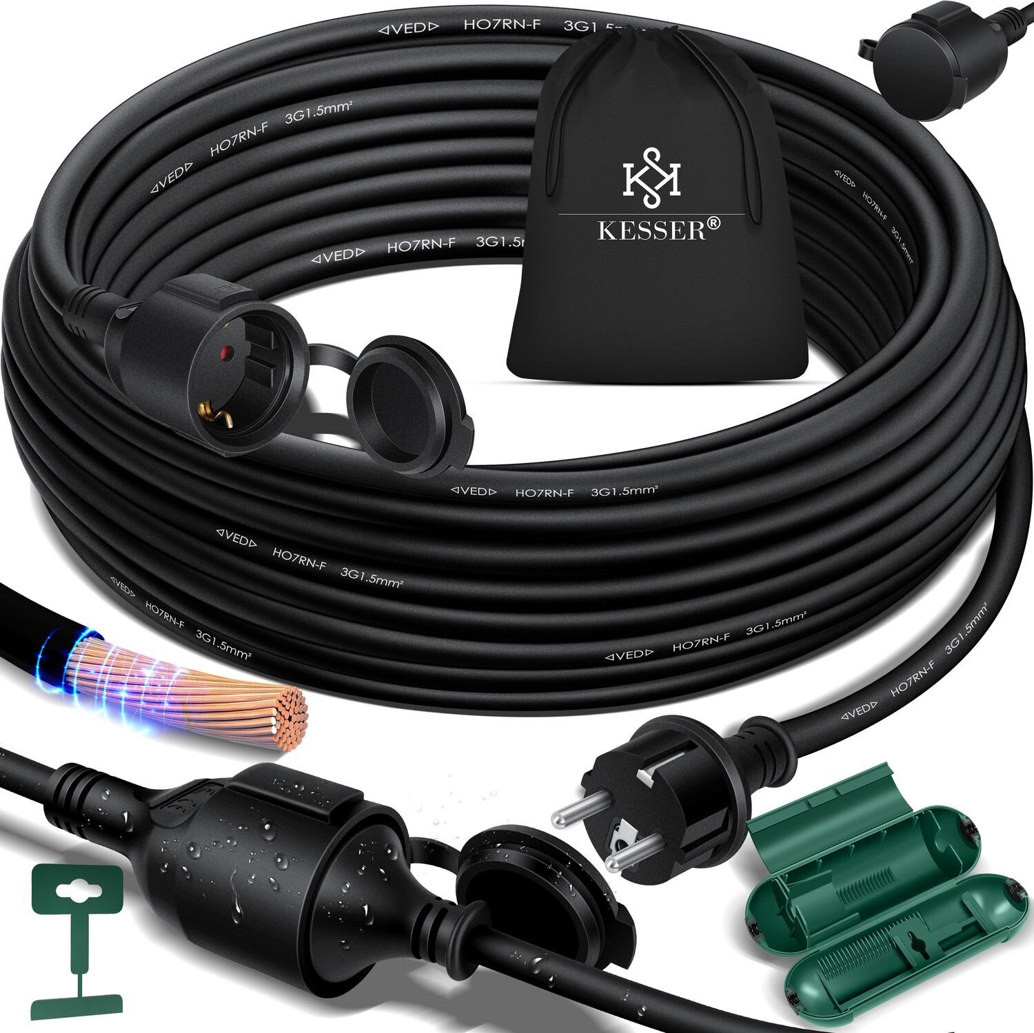as - Schwabe Gummi-Verlängerungsleitung, 15m H05RR-F 3G1,5 Kabel mit Schutzkontaktstecker, Schutzkontaktkupplung inkl. Schutzkappe, Verlängerungskabel 230V, 16A, IP44, Schwarz, 60315