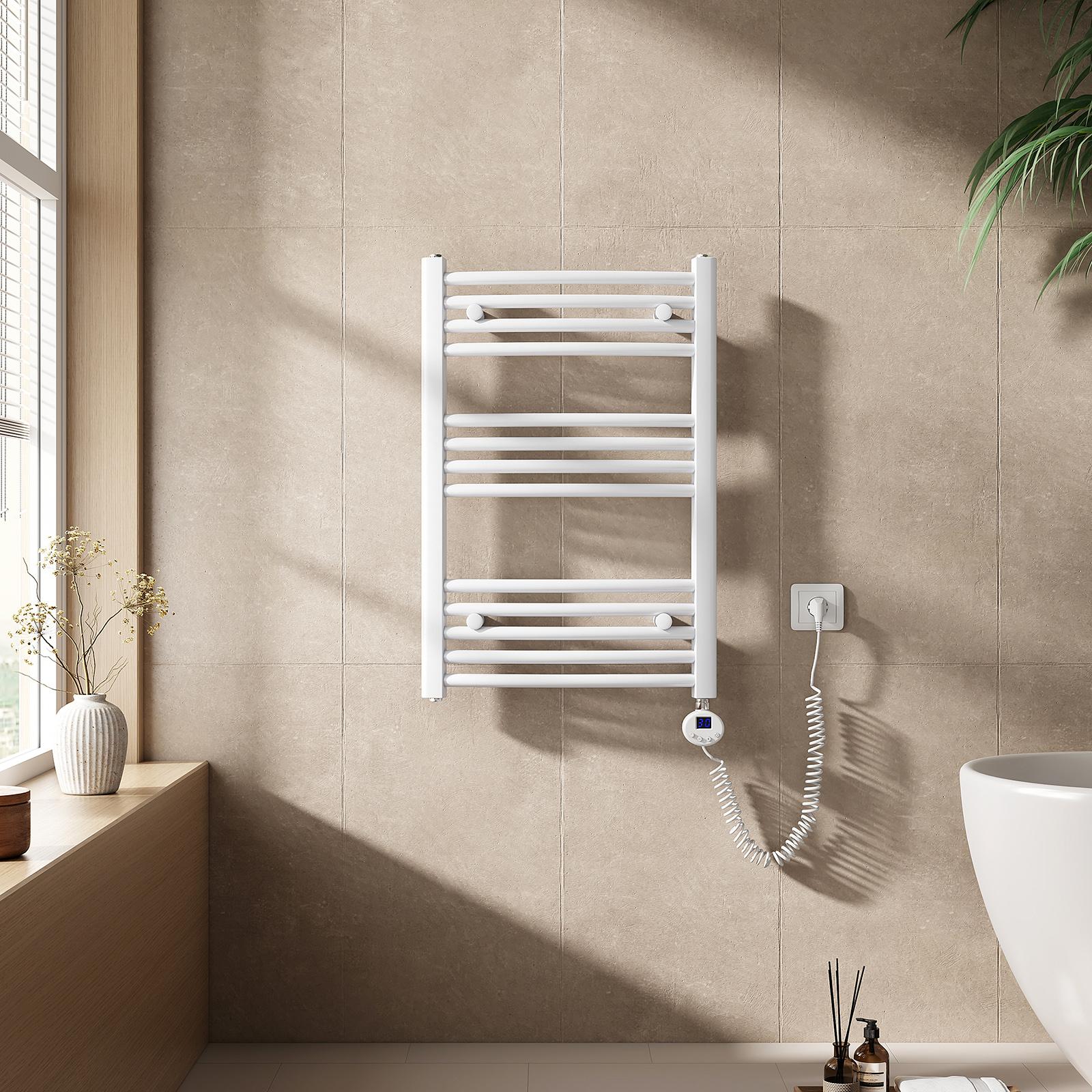 EMKE Elektrický kúpeľňový radiátor Uterákový radiátor zakrivený 300/500/600W Wifi ovládanie Inteligentný termostat 75X50cm Biely ohrievač uterákov