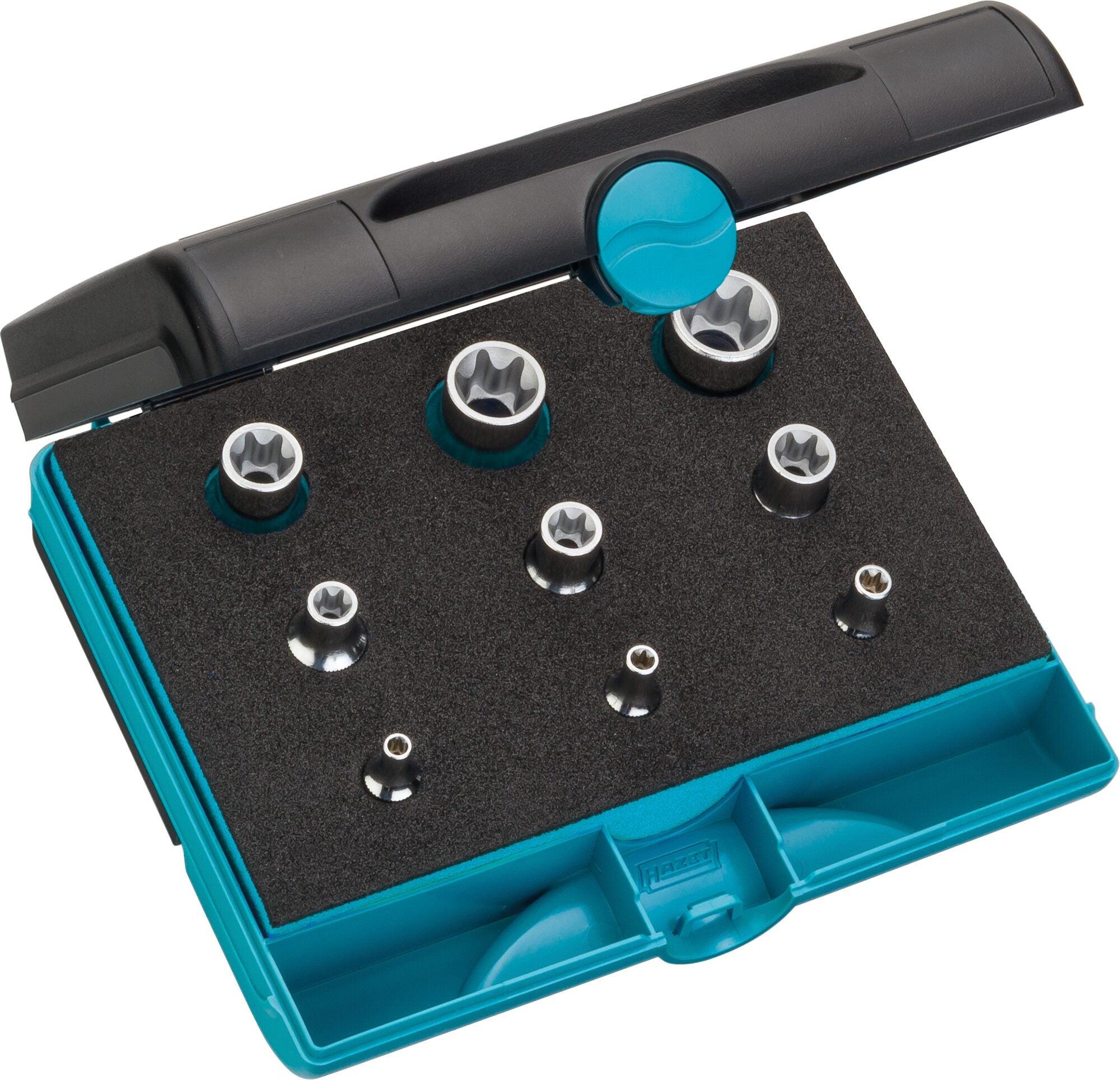 Hazet Werkzeug Satz 1/4 (6,3 mm) Vierkant hohl, 3/8 (10 mm) Vierkant hohl, 1/2 (12,5 mm) Vierkant hohl, Außen TX Profil, 9-tlg., E4, E5, E6, E8, E1 1557/9