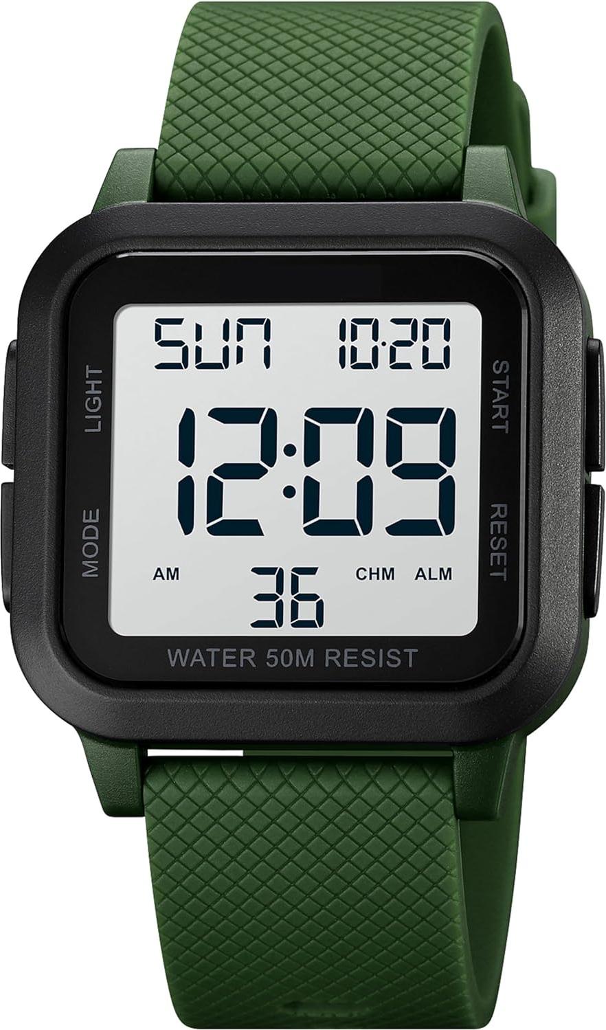 findtime Watch Quadratische Digitaluhr LED Große Ziffern Herren Damen Uni, Outdoor Sportuhr mit Alarm Timer Doppelzeit Stoppuhr 12/24H, 50M Wasserdicht