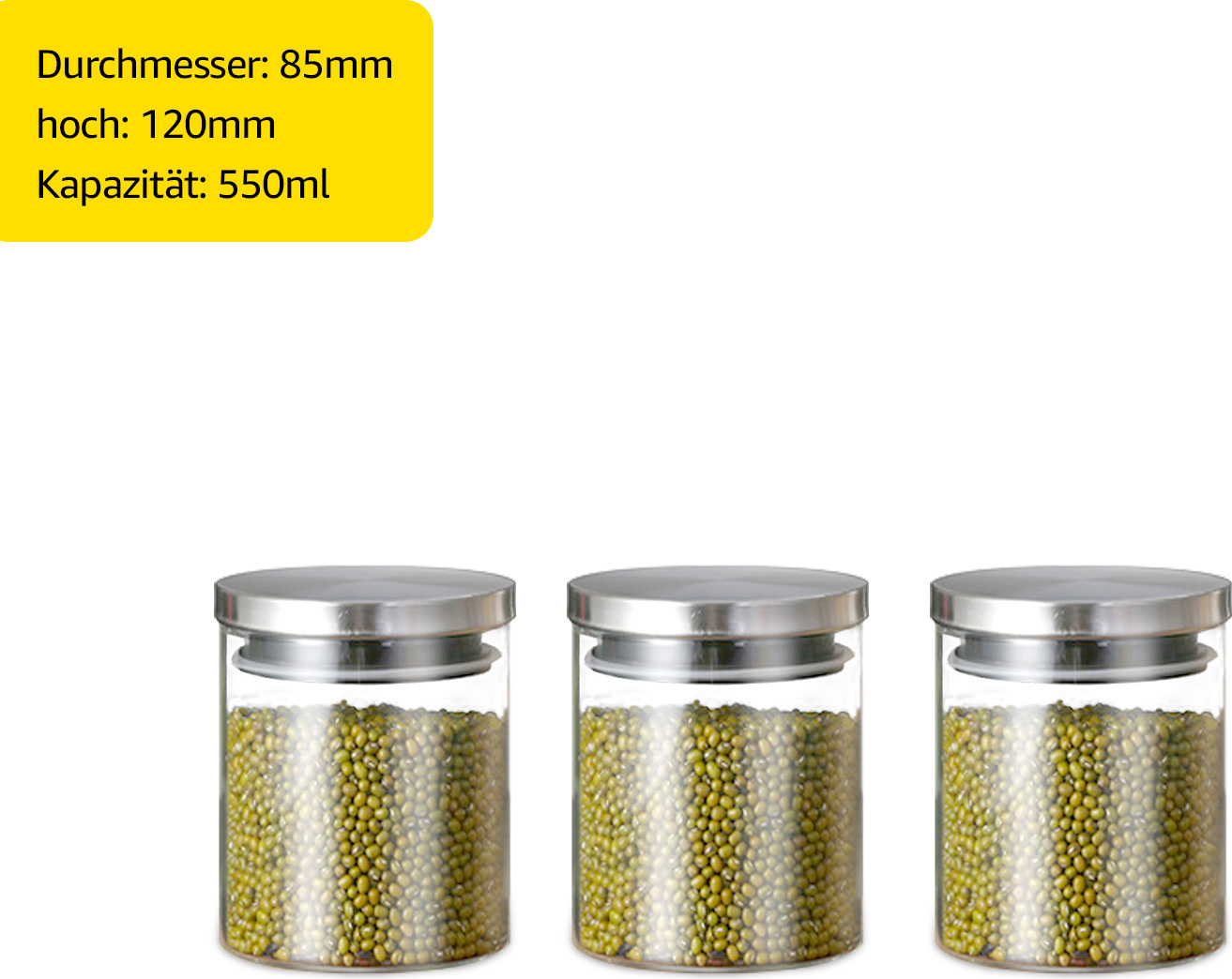 7MAGIC 3er Set 550ml Vorratsgläser Glas Schraubglas Lebensmittelglas Edelstahldeckel mit Schraubverschluss, Vorratsglas Ø8,5cm Edelstahldeckel Glasdosen Dosen Aufbewahrungsbehälter 1058