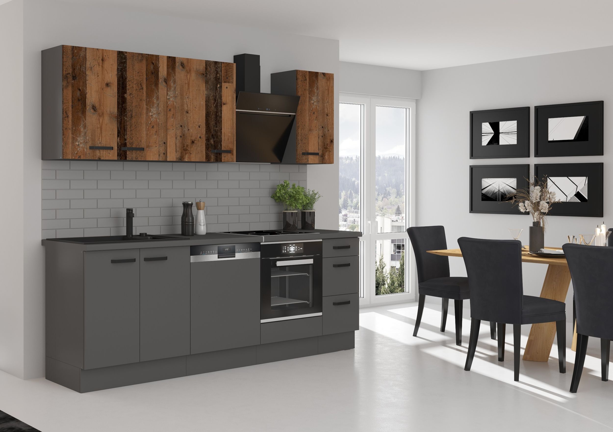 Küchenpreis-Bombe Küche NESSA + OLD STYLE Basic 240 cm Old Wood Optik Küchenzeile Küchenblock