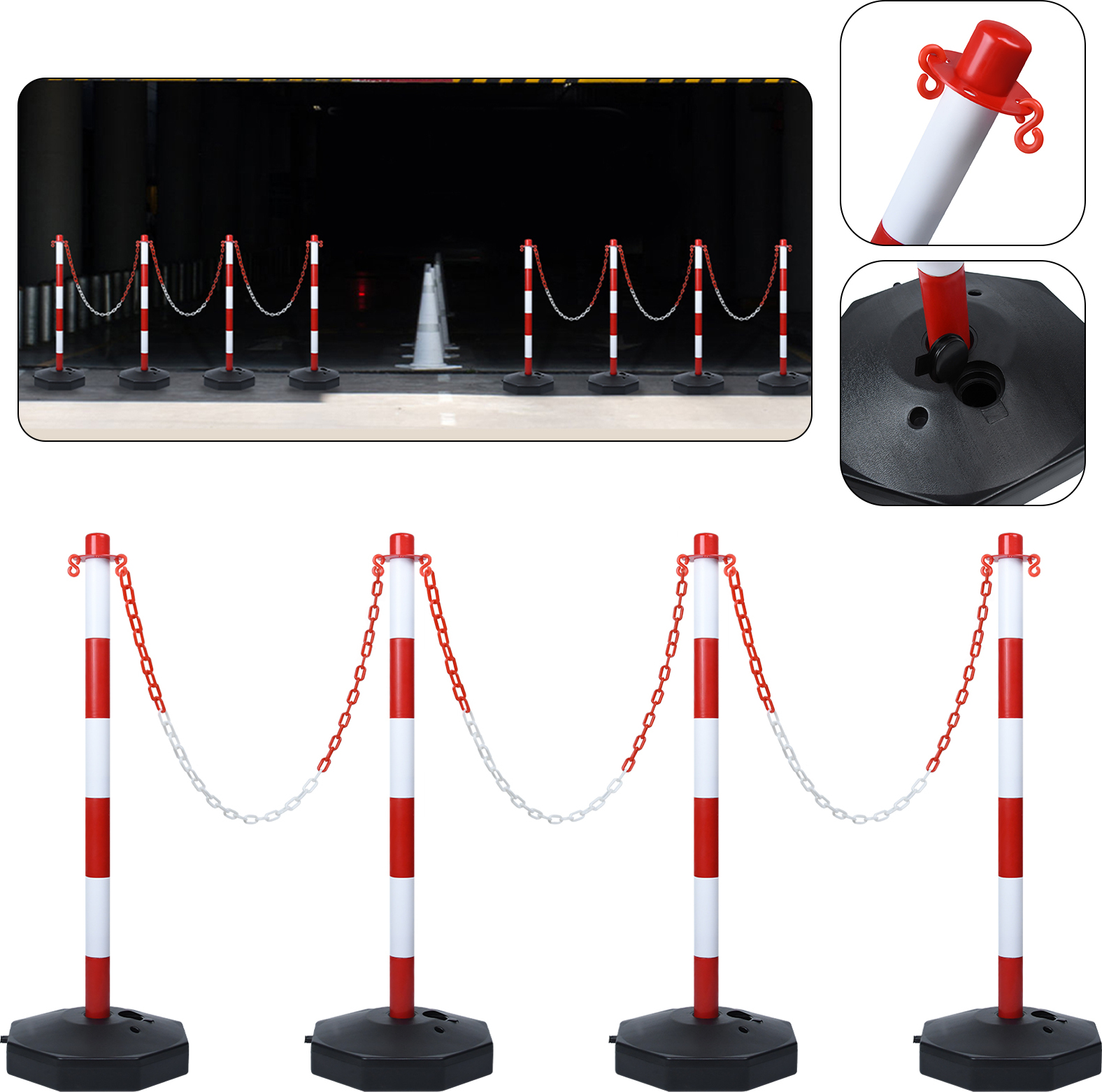 XMTECH 4x Absperrpfosten mit 1,4m Kette Pfosten Absperrkette Absperrung Sperrpfosten