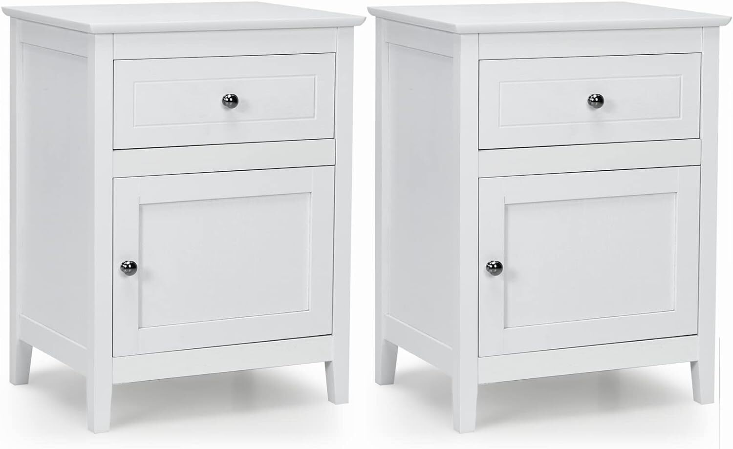 2-dielny nočný stolík s 3 policami, bočný stolík so zásuvkou a dvierkami, nosnosť do 45 kg, drevený nočný stolík do obývačky a spálne, 48 x 38 x 63,5 cm (biely)