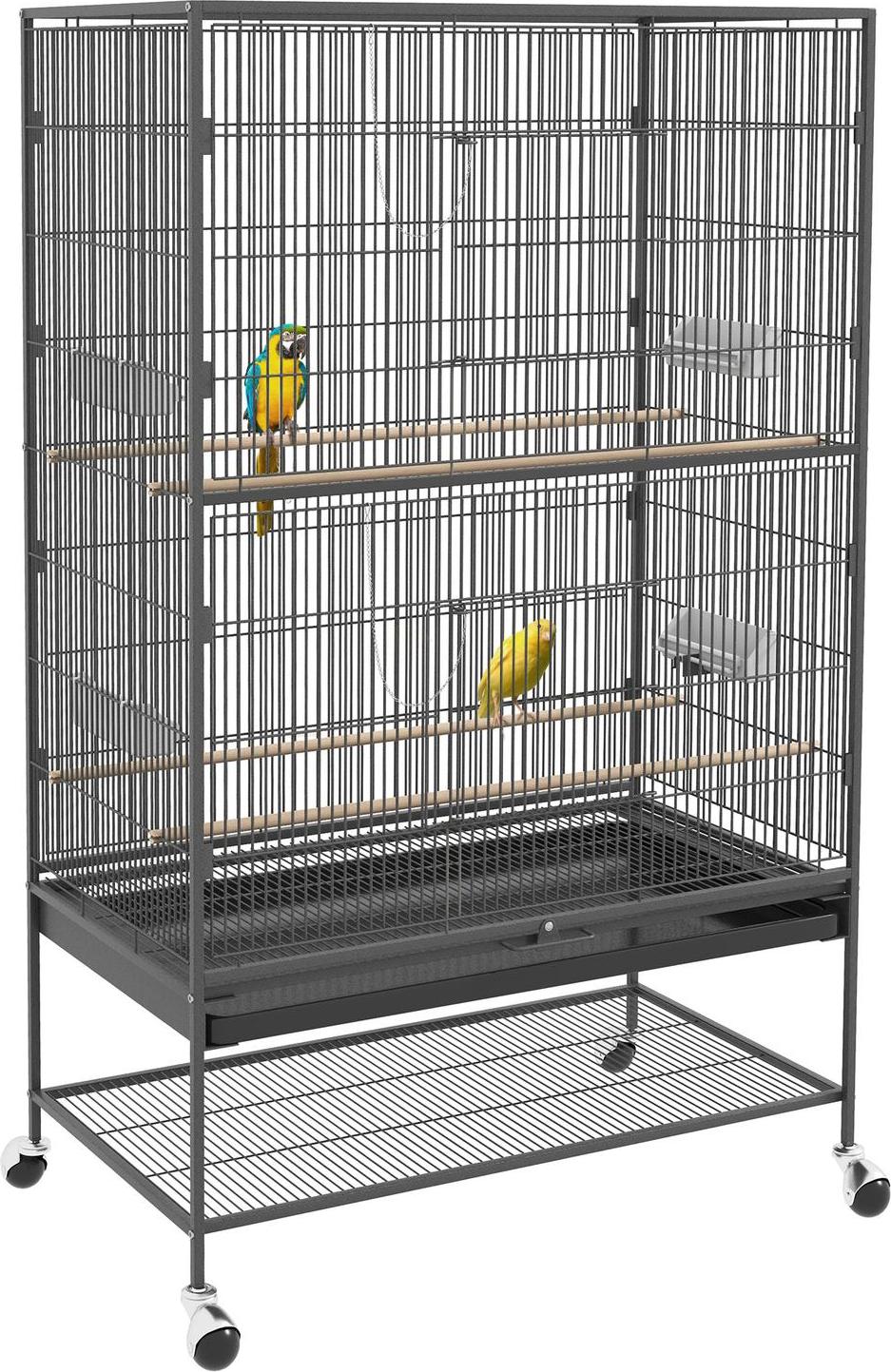 Northio Vogelkäfig Vogelbauer Vogelvoliere Mit Sitzstangen, Vogelhaus Mit Ablage, Bodenwanne, Voliere Mit Türen, Rollen, Grau, 94 X 57 X 153 Cm