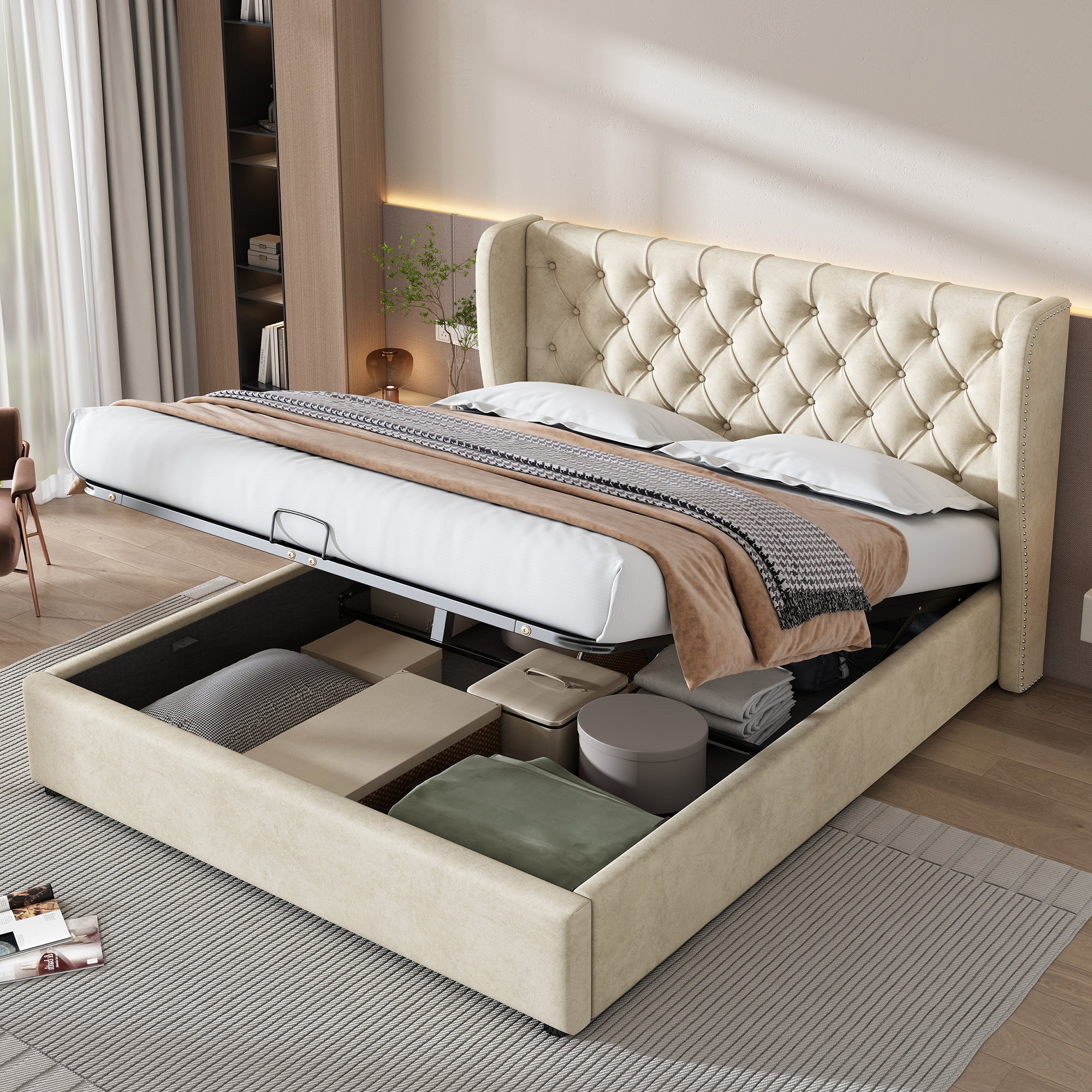 Čalúnená posteľ Merax 160x200 cm s lamelovým roštom a dizajnom nitov, hydraulická skriňová pružina s úložným priestorom, manželská posteľ Drevená posteľ pre mladých zamatová, béžová