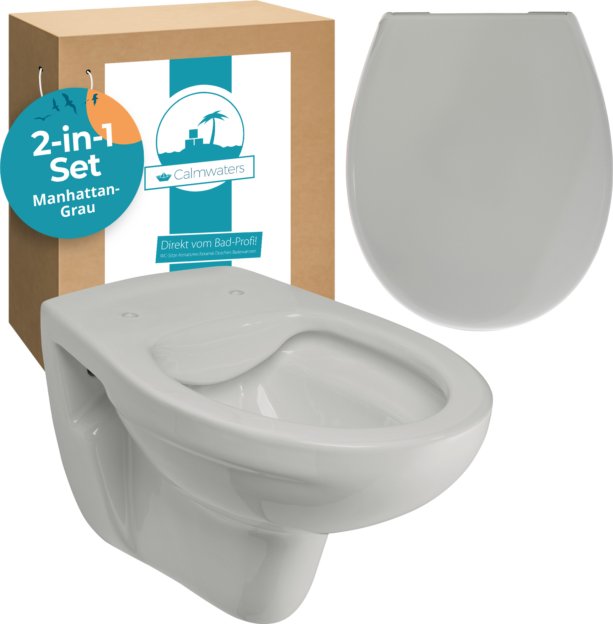 Calmwaters® Spülrandloses Wand WC im Set in Manhattan-Grau, Tiefspüler mit WC Sitz aus Urea-Duroplast mit Absenkautomatik, 99000191