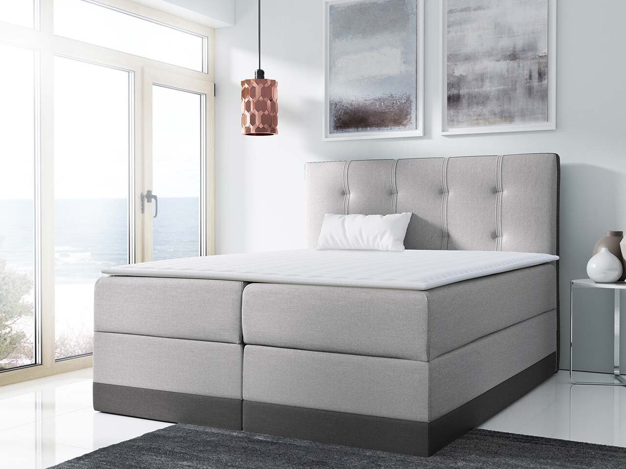 Boxspringová manželská posteľ 160x200 SANDIA - šedá + topper ZDARMA