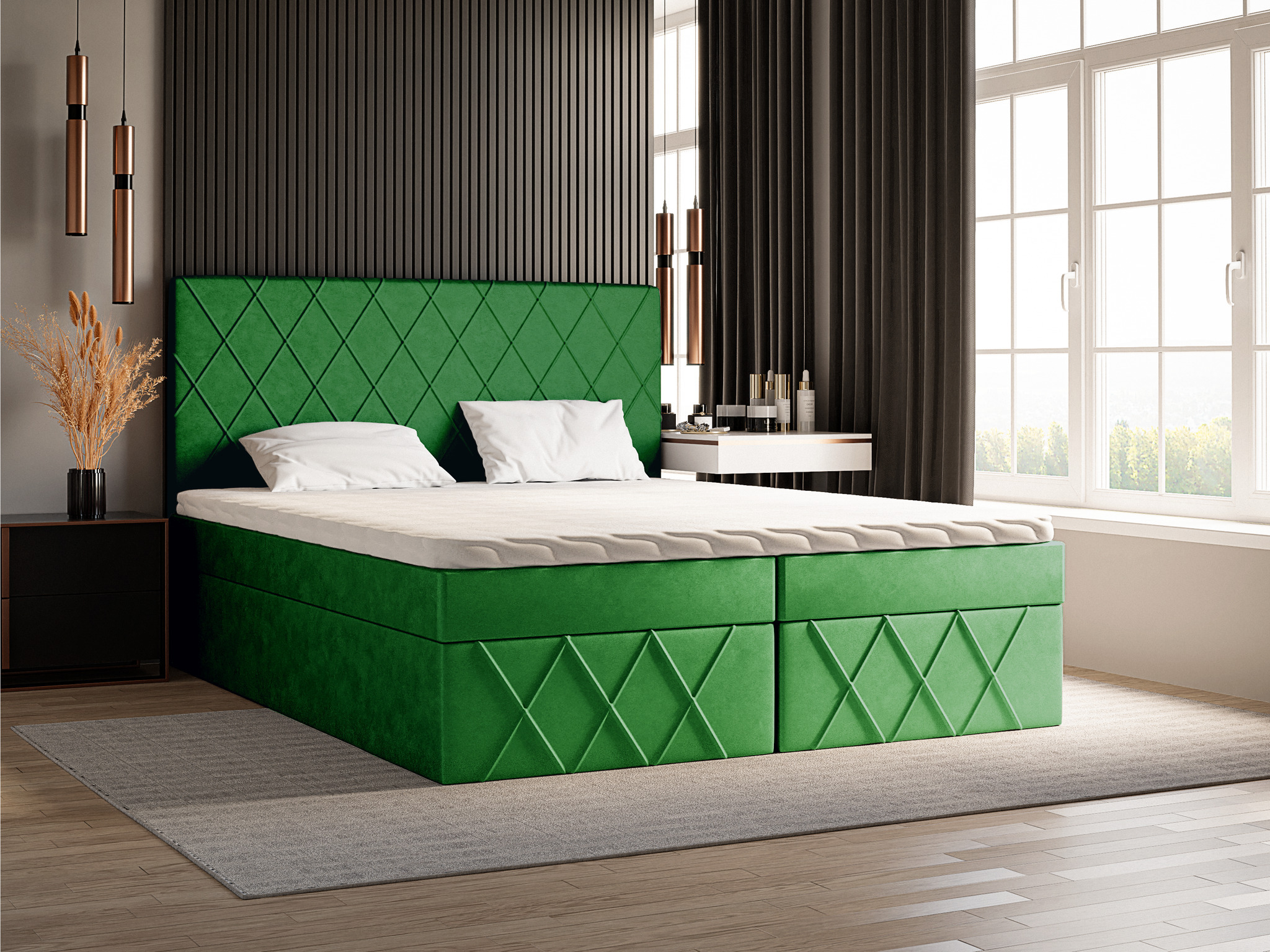 Skriňová posteľ 160x200 Pesto - Manželská posteľ s posteľným roštom - Matrac Bonell a topper - Zamatová látka (Zelená - Amor Velvet 4311)