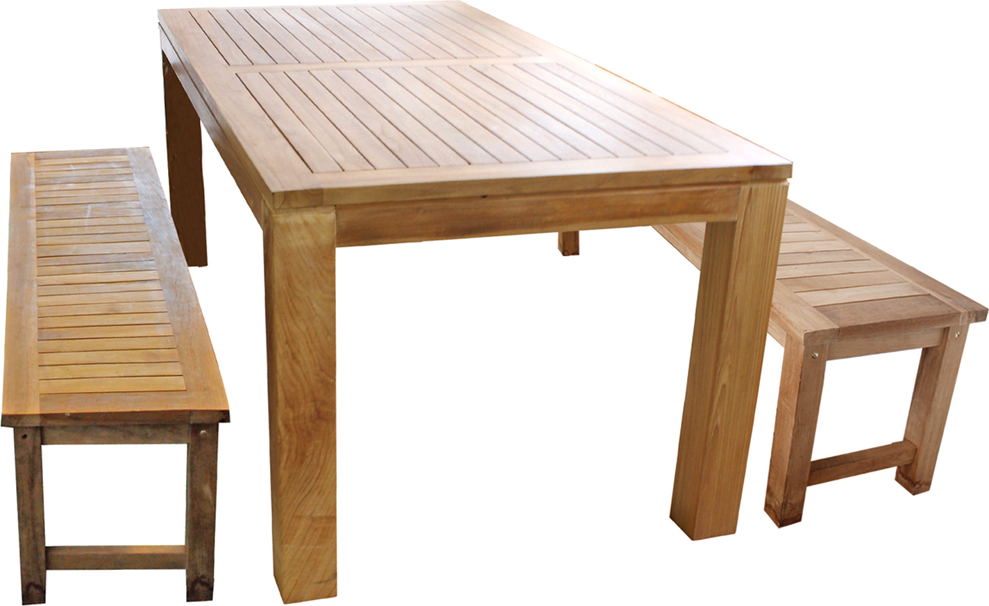 Gartenmöbel Garnitur 3-tlg. Esstisch Teakholz 180x90x75cm + 2 Teakholz Bänke