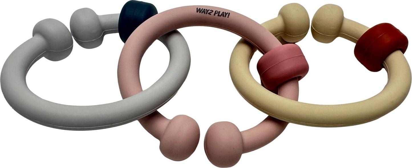 Way2Play Silikon-Beißringe, verknüpfbares Babyspielzeug, 3er-Pack