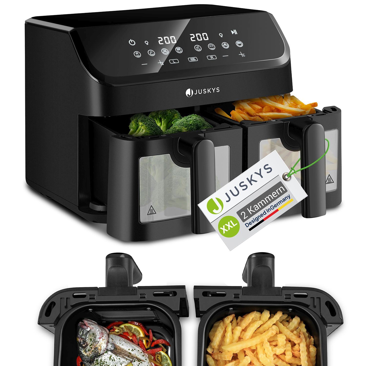 Juskys Heißluftfritteuse 9 L - 2 Kammern, Smart Finish, 9 Programme, Friteuse 301031