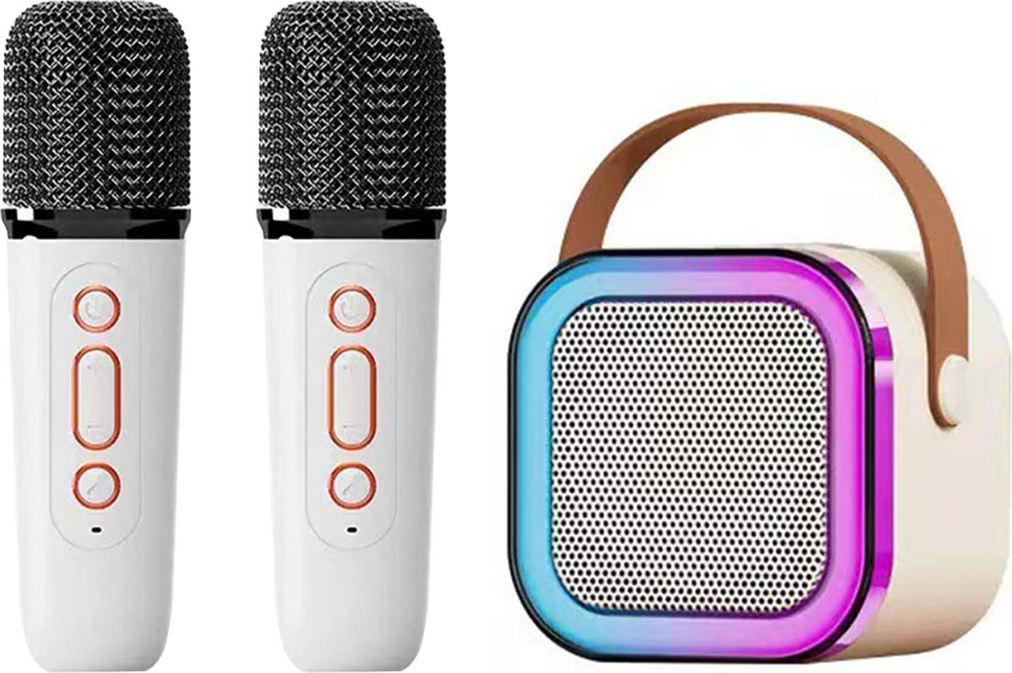 Mini Karaoke Machine Karaoke reproduktor s bezdrôtovým mikrofónom Svetelné efekty Prenosný karaoke systém s batériou pre domácu párty Biely s 2 mikrofónmi