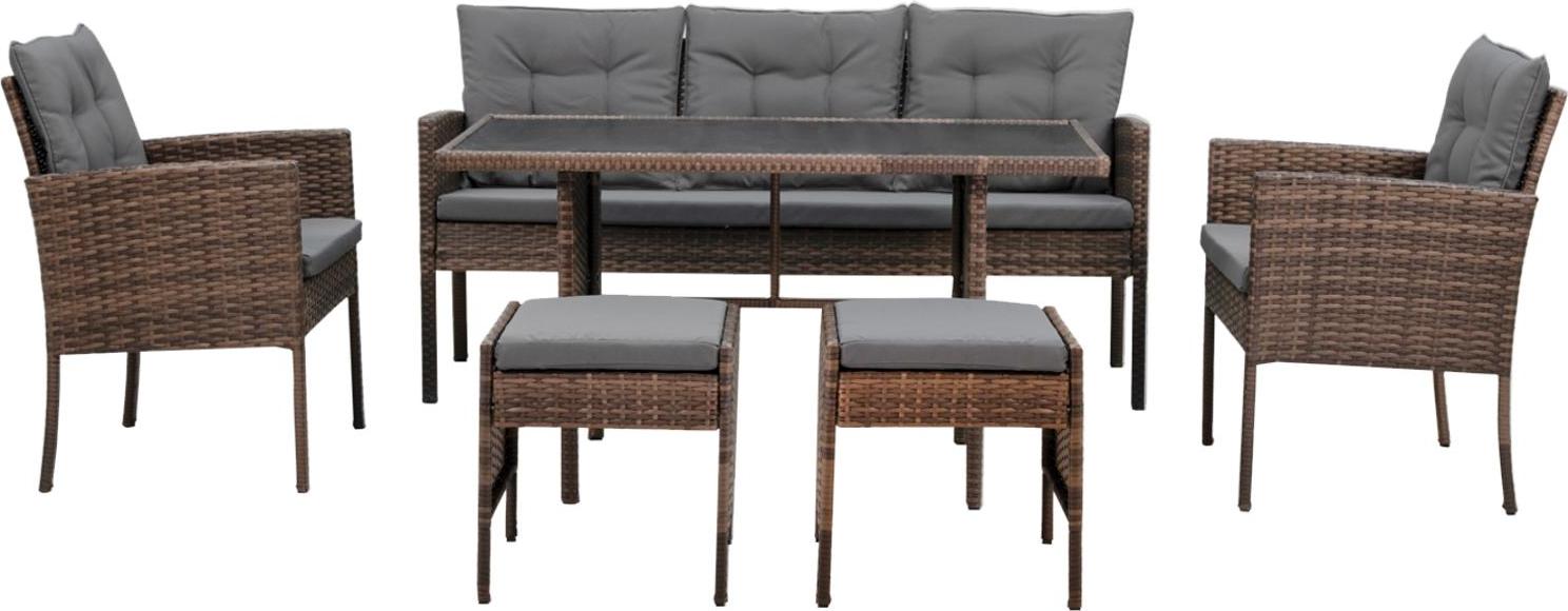 Ratanový set: Pohovka + stôl + 2 stoličky + 2 taburety - hnedý so sivými vankúšmi