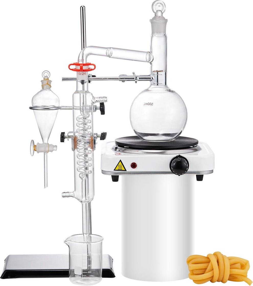 VEVOR Destillationsset für ätherische Öle, 500 ml Destillationsapparat, 3,3 Boro-Laborglas-Destillationsset mit 1000-W-Heizplatte und 24, 40 Verbindungsstücken, 33-teiliges Set