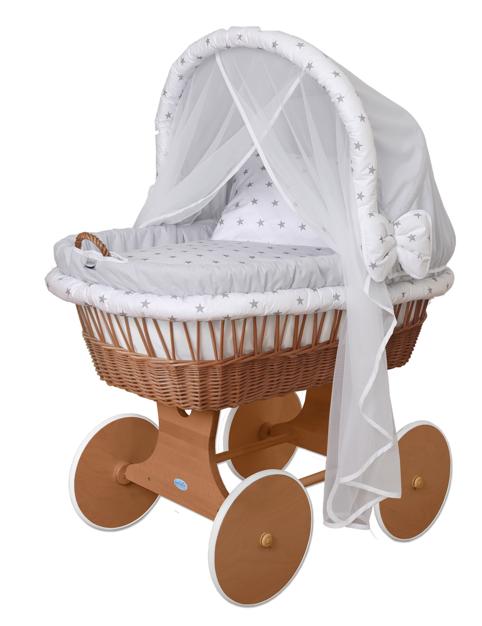 Waldin Baby Stubenwagen-Set mit Ausstattung,XXL,Gestell/Räder lackiert,grau/Sterne-grau 1211-1s1d