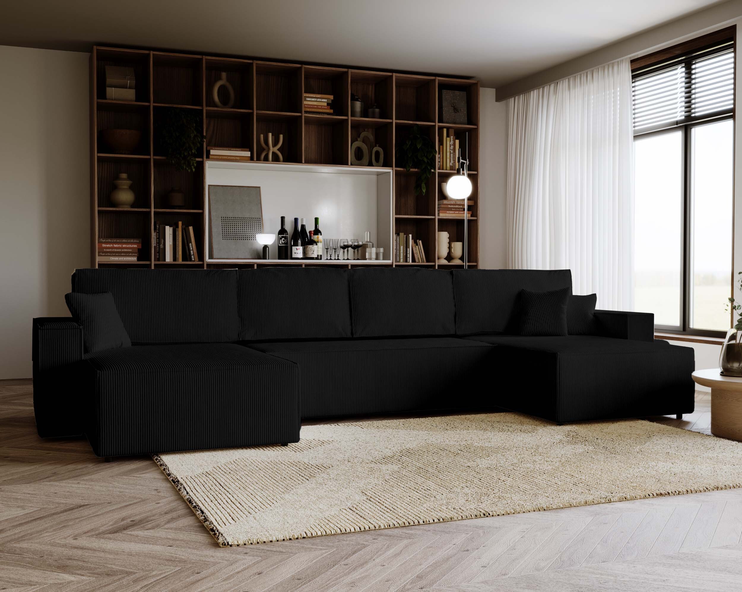 U Sofa mit Schlaffunktion Amalia U 20 cm  Sofa Cord Schwarz  Ecksofa mit  Schlaffunktion und Bettkasten