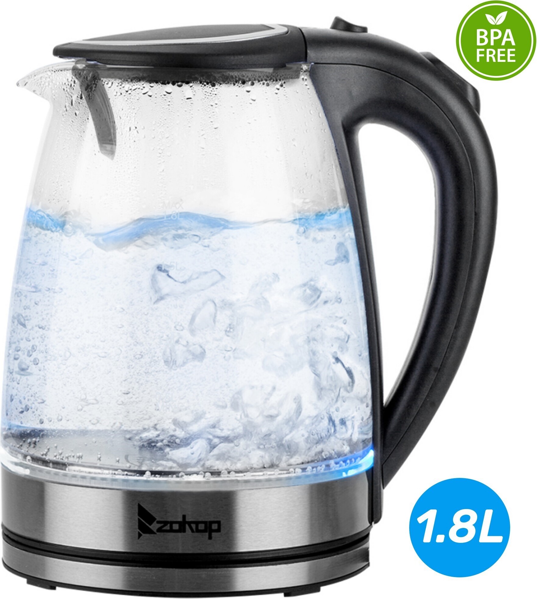 FCH Wasserkocher , 1,8 L, Edelstahl Glas LED Beleuchtung BPA-freiWasser effizient kochen und Energie sparen,2000W HD-1857-A